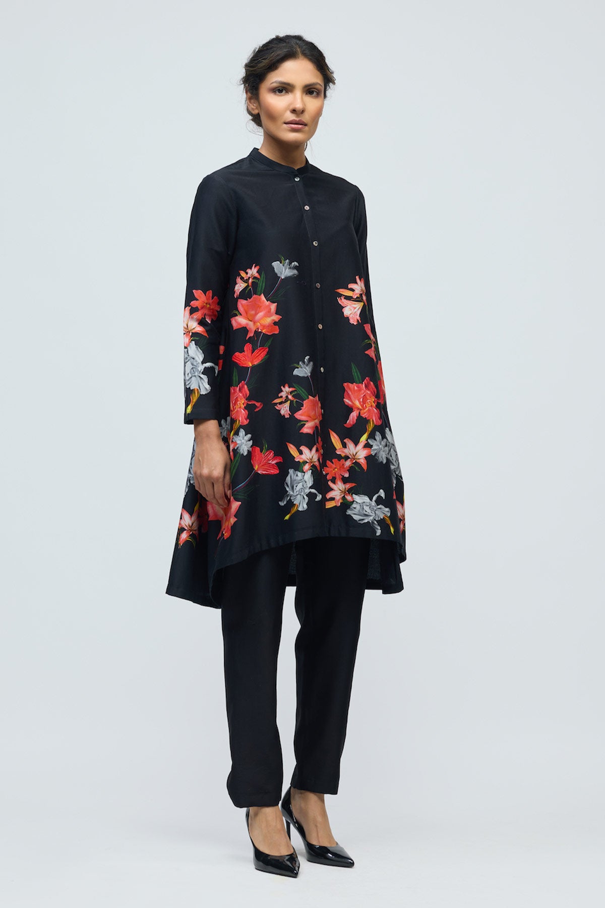 Floral printed Chanderi Tunic Set with Voile Pant