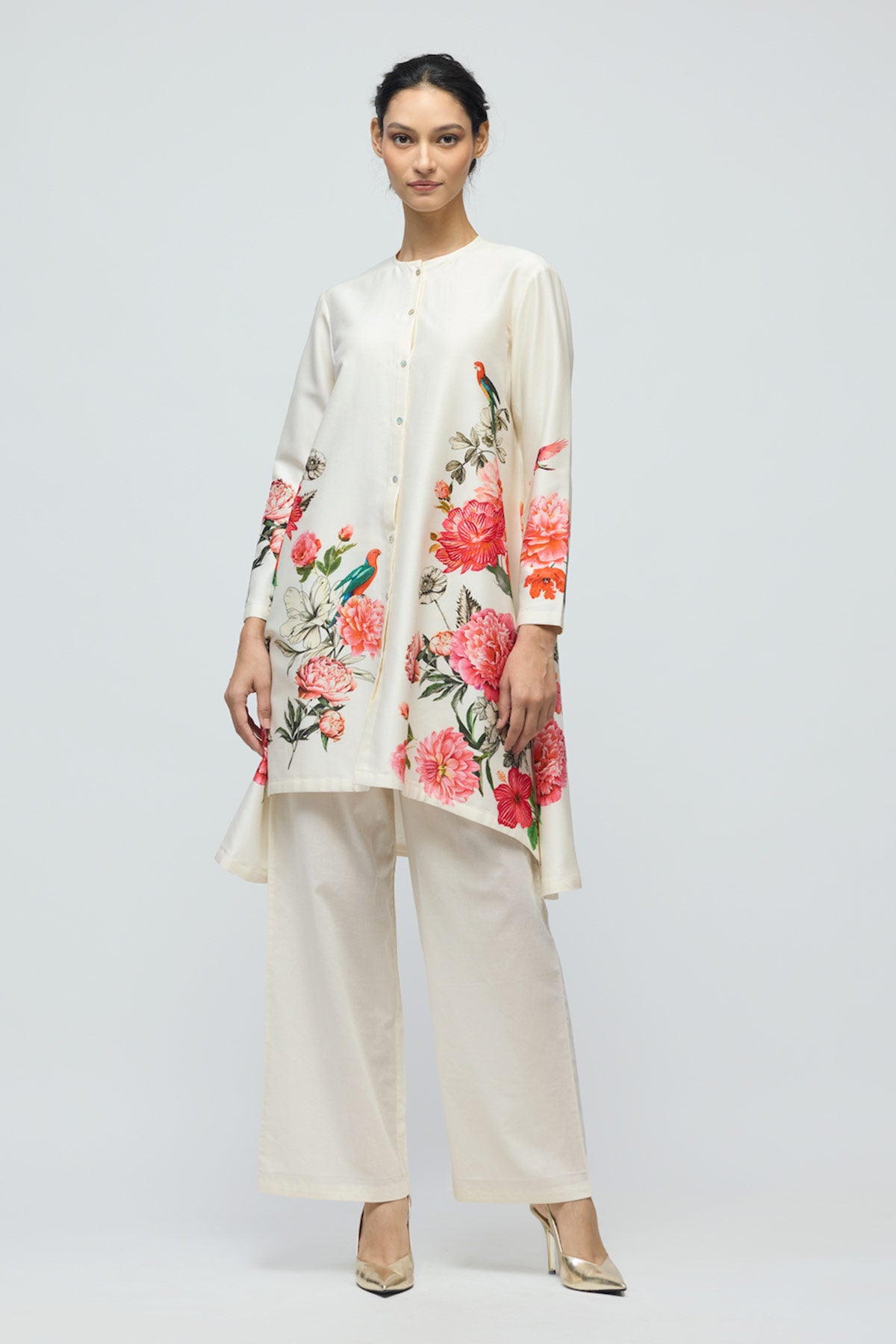 Floral printed Chanderi Tunic Set with Voile Pant