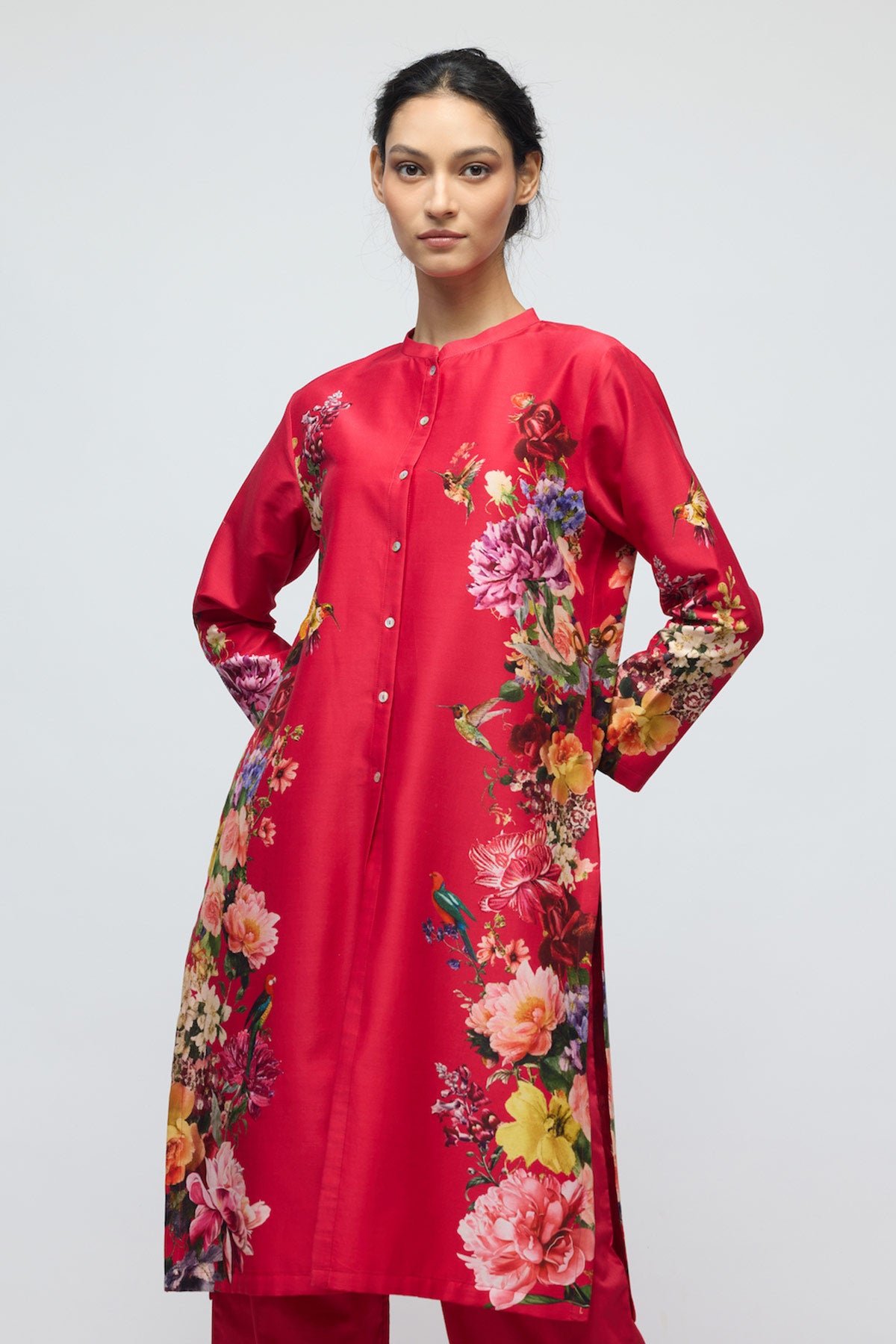 Floral printed Chanderi Tunic Set with Voile Pant