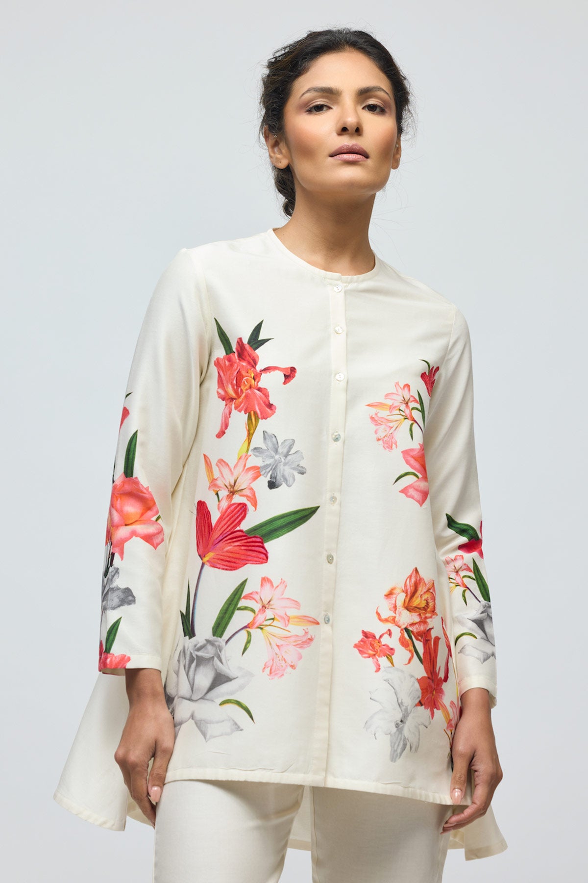 Floral printed Chanderi Tunic Set with Voile Pant