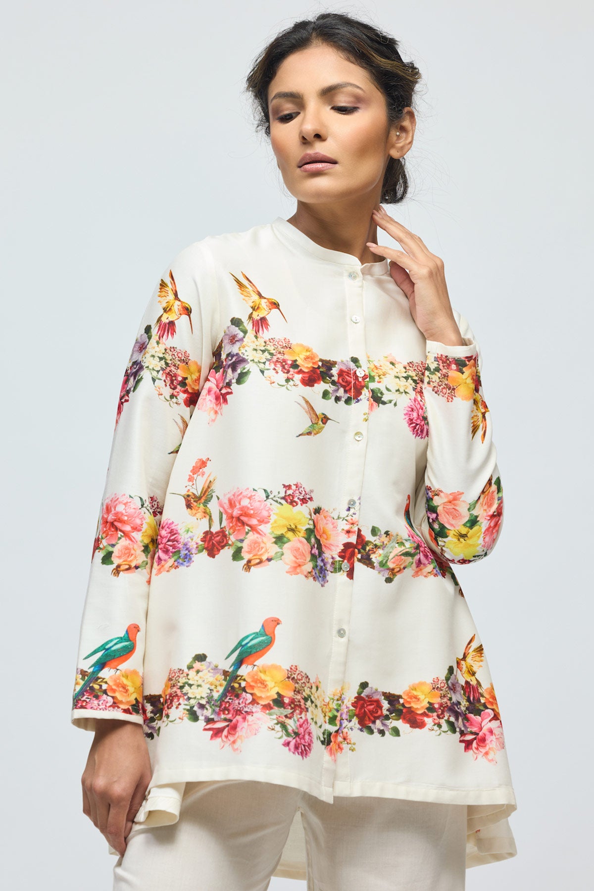 Floral printed Chanderi Tunic Set with Voile Pant