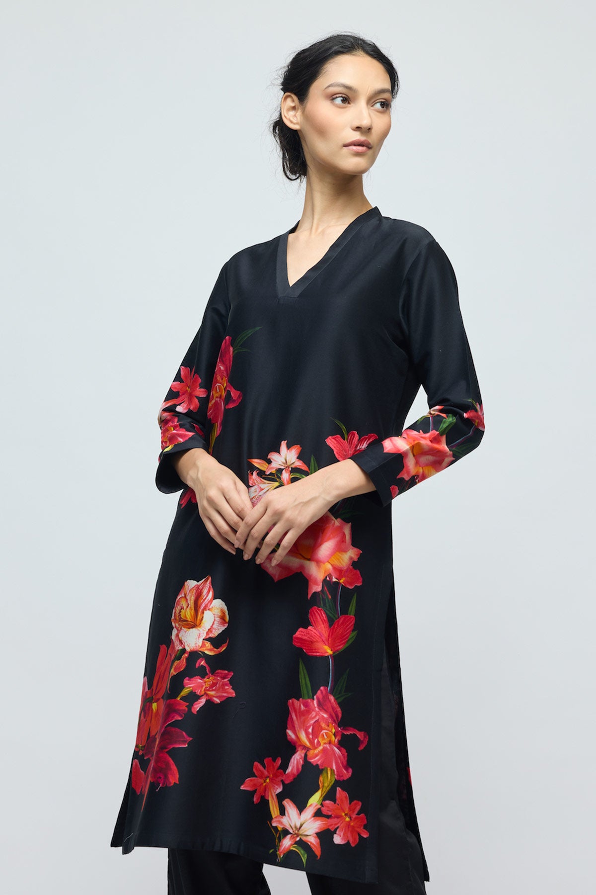 Floral printed Chanderi Tunic Set with Voile Pant