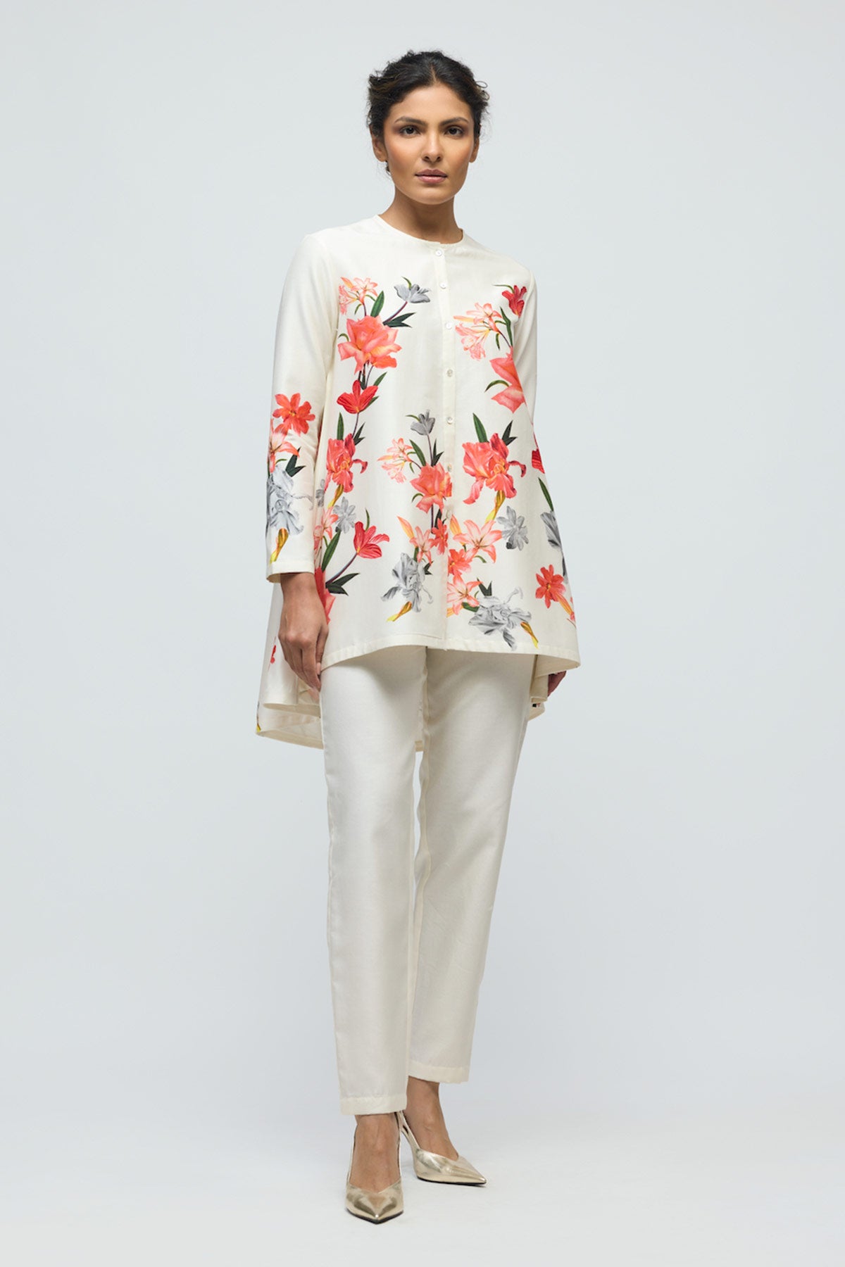 Floral printed Chanderi Tunic Set with Voile Pant