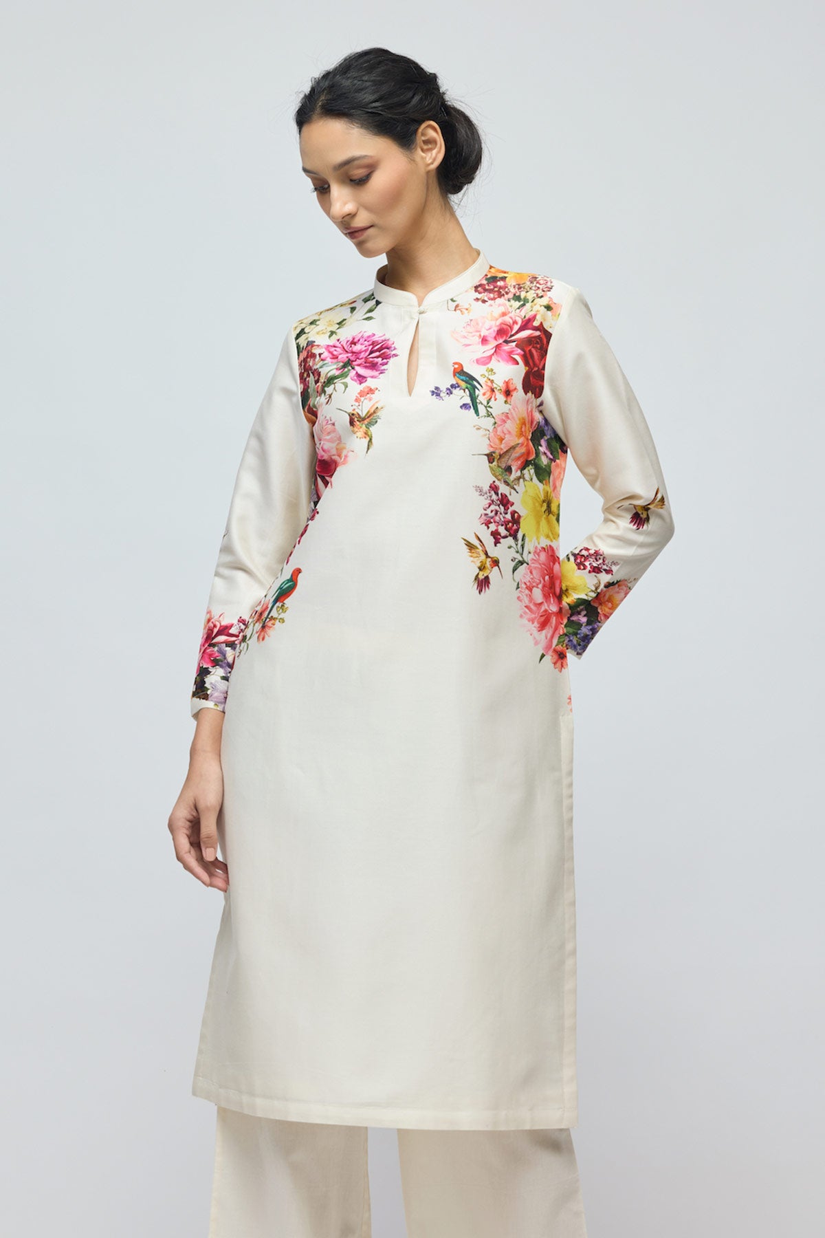Floral printed Chanderi Tunic Set with Voile Pant