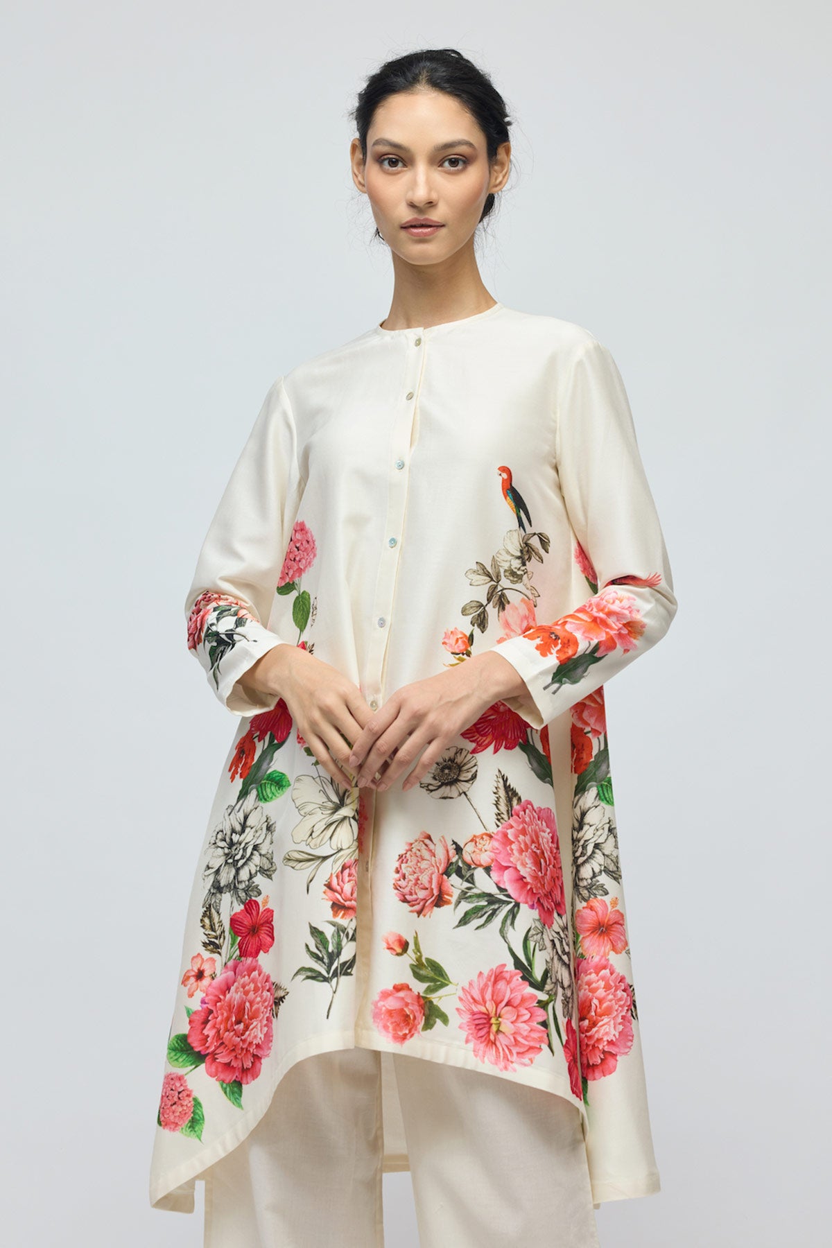 Floral printed Chanderi Tunic Set with Voile Pant