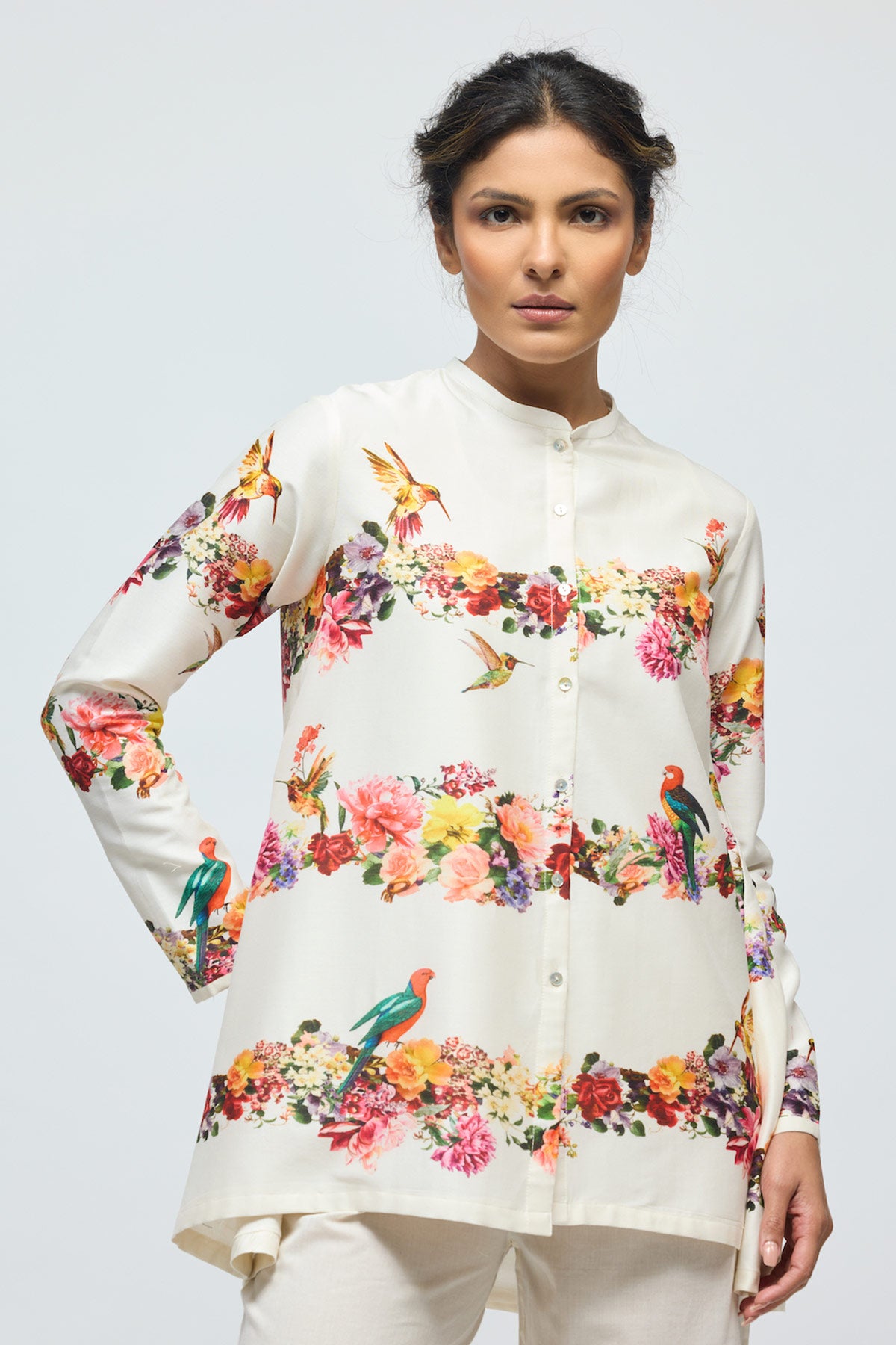 Floral printed Chanderi Tunic Set with Voile Pant