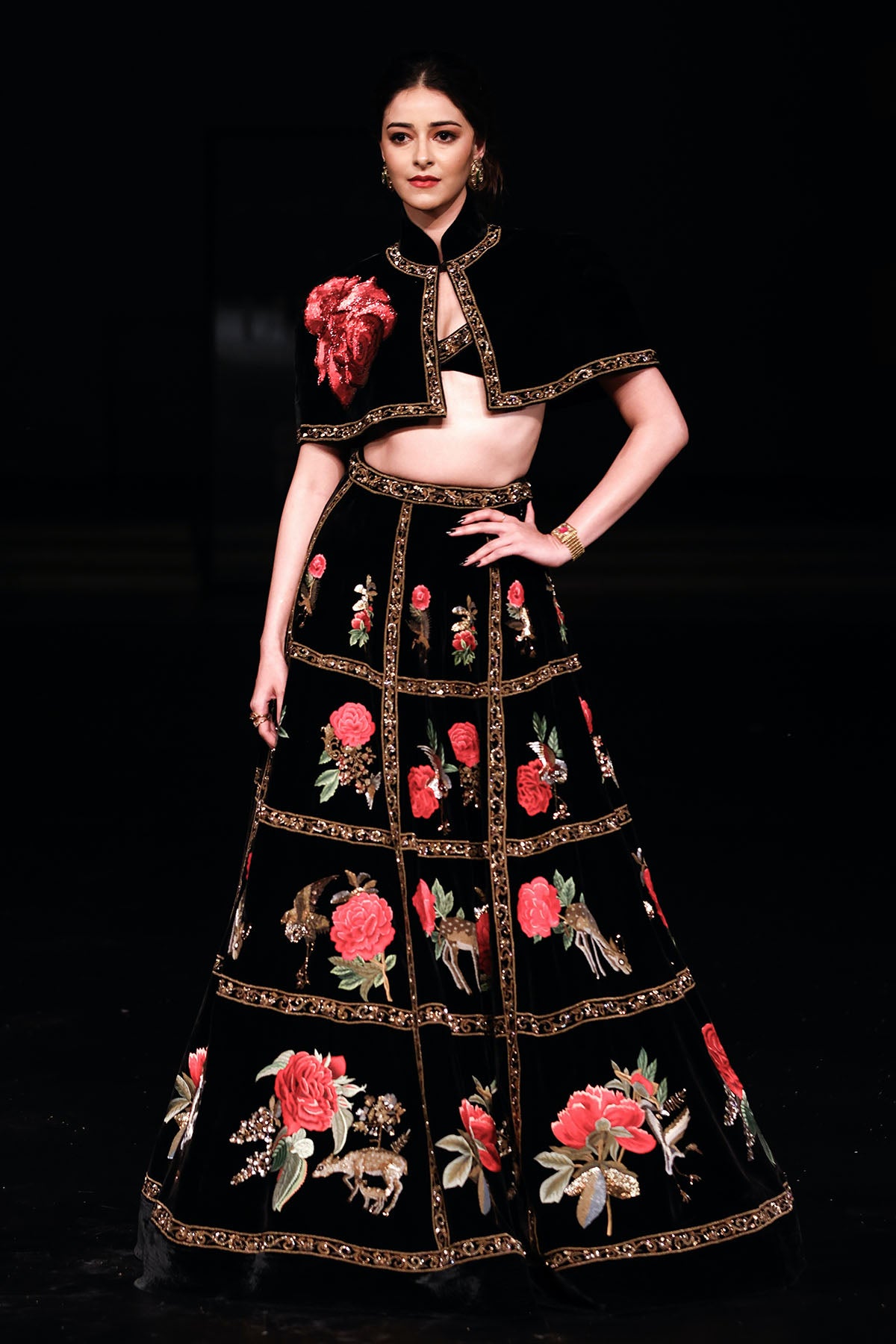 Luxurious Velvet Lehenga And Cape Set With Embroidered Bustier