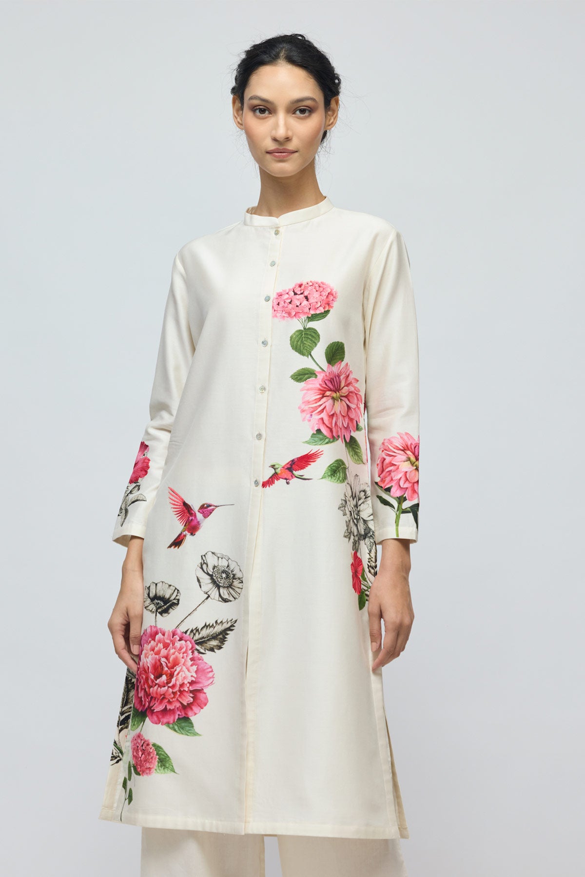 Floral printed Chanderi Tunic Set with Voile Pant