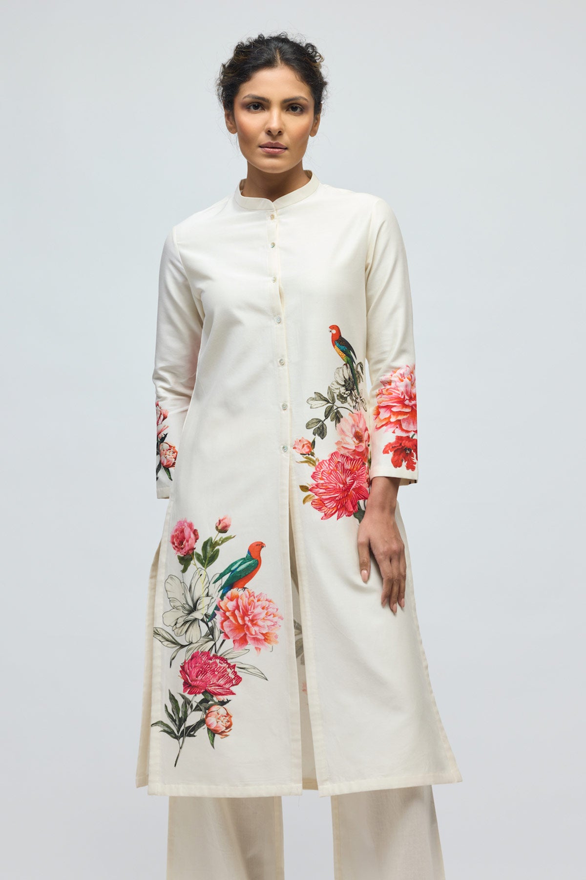 Floral printed Chanderi Tunic Set with Voile Pant