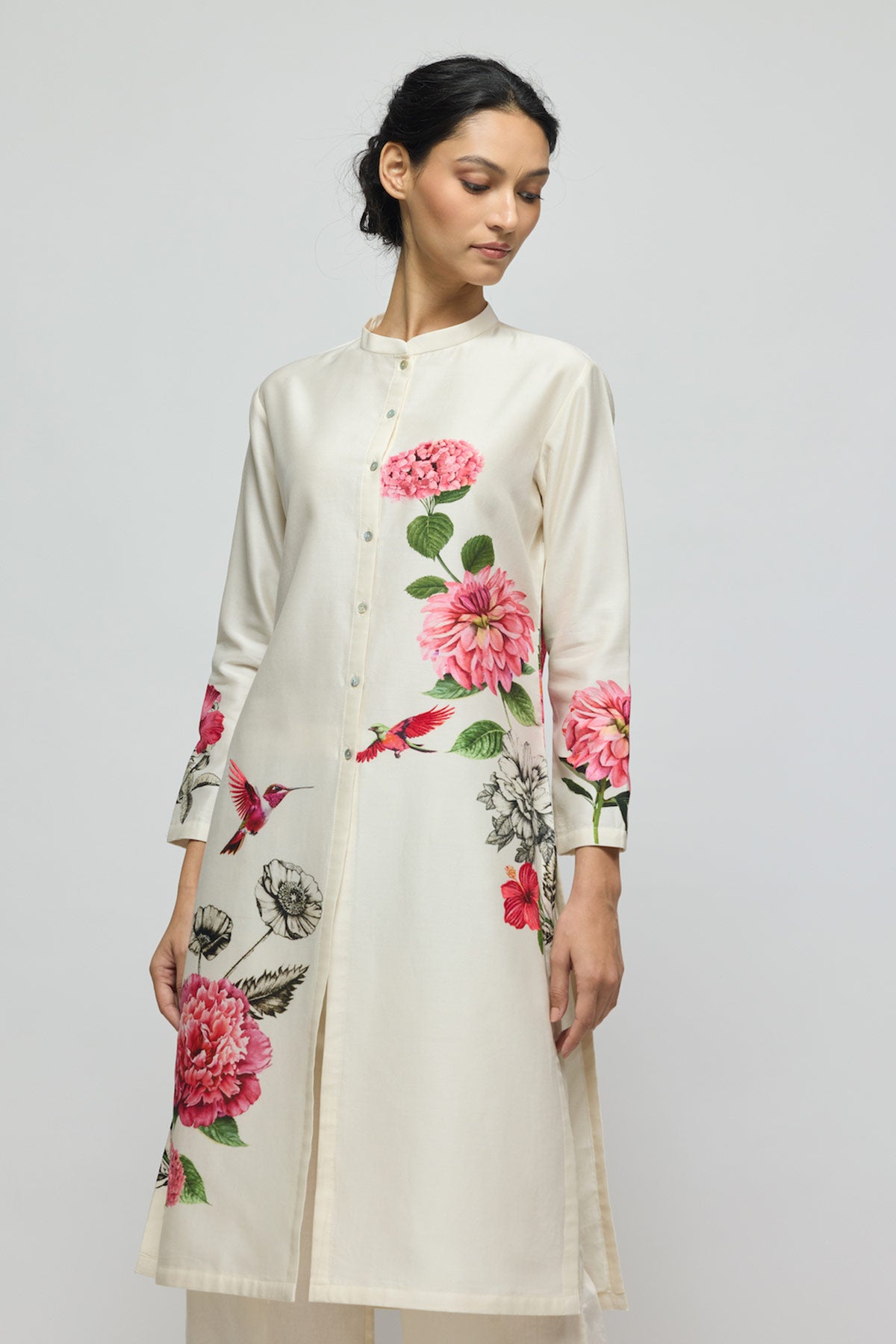 Floral printed Chanderi Tunic Set with Voile Pant