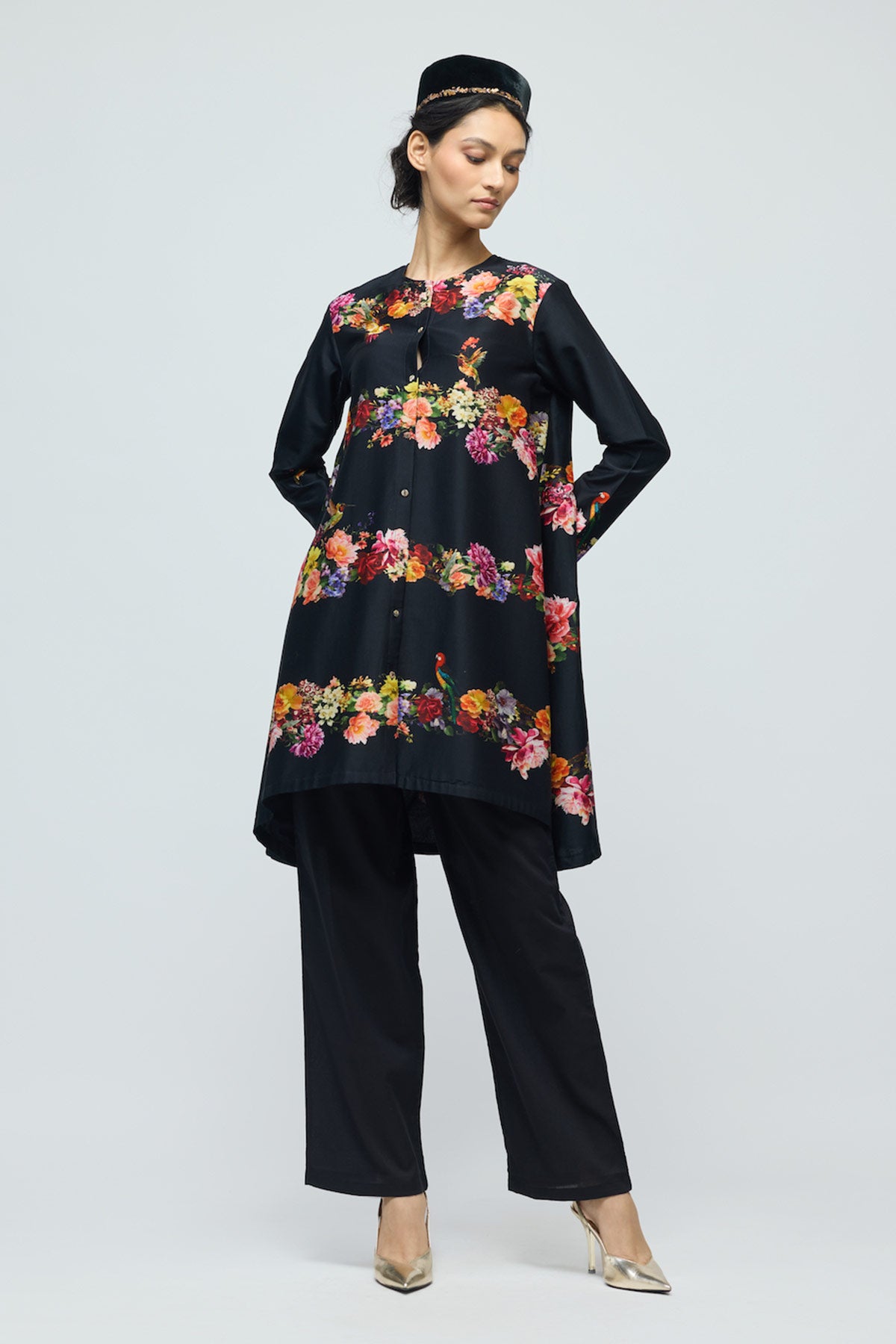 Floral printed Chanderi Tunic Set with Voile Pant