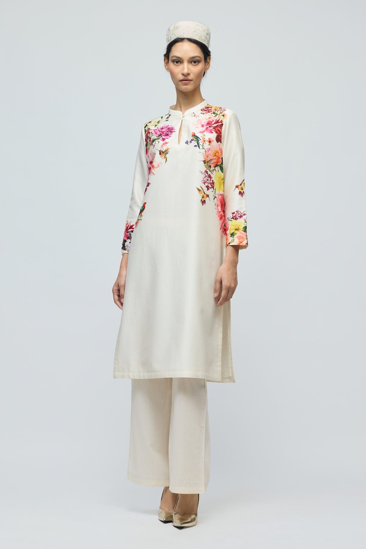 Floral printed Chanderi Tunic Set with Voile Pant