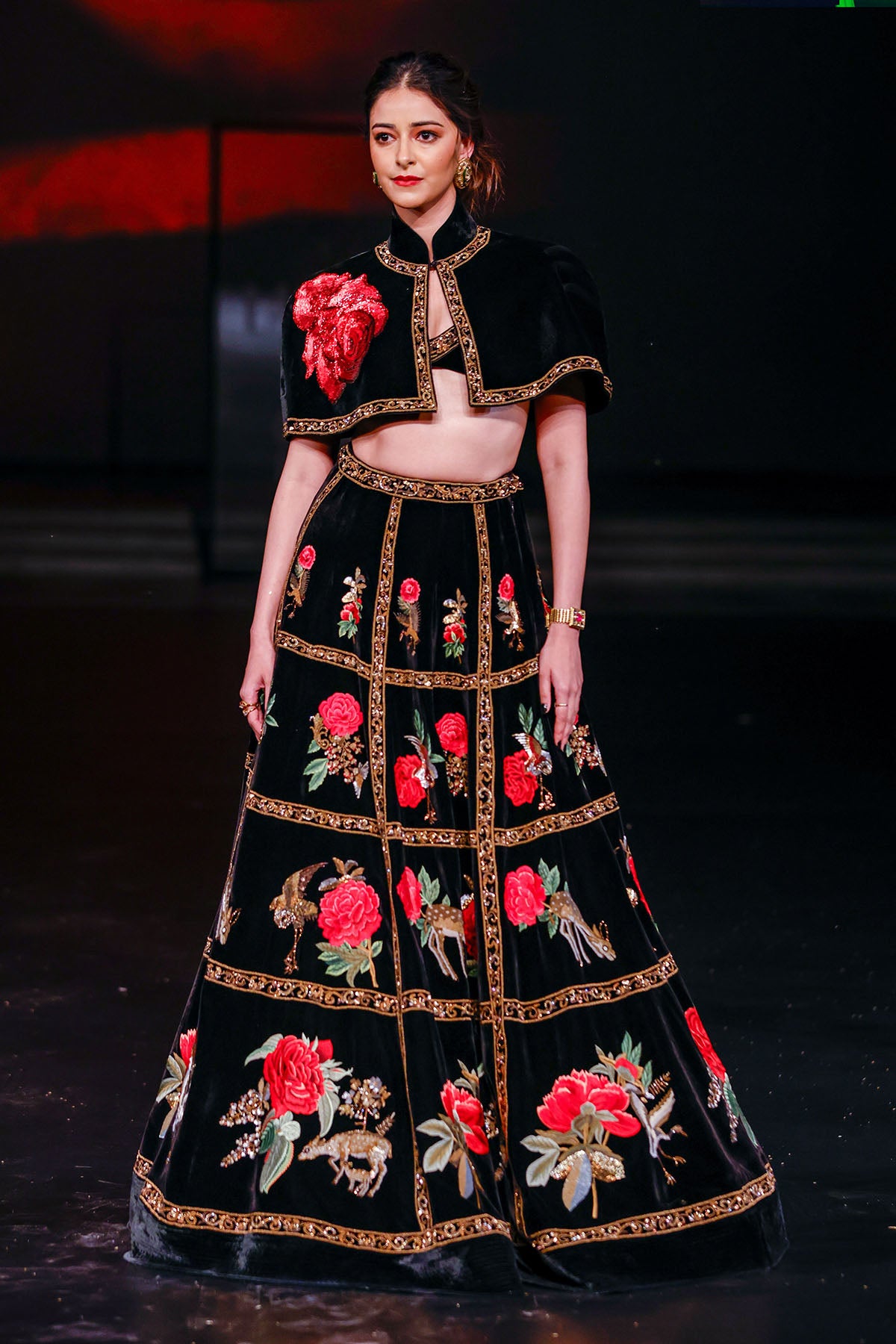 Luxurious Velvet Lehenga And Cape Set With Embroidered Bustier