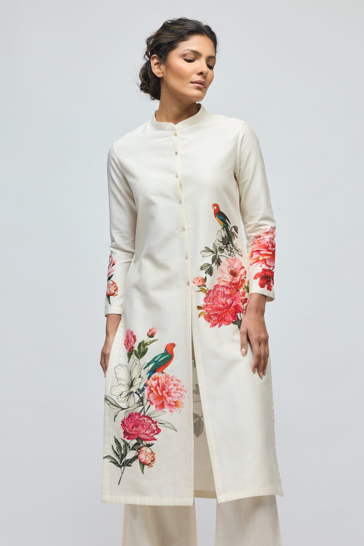 Floral printed Chanderi Tunic Set with Voile Pant