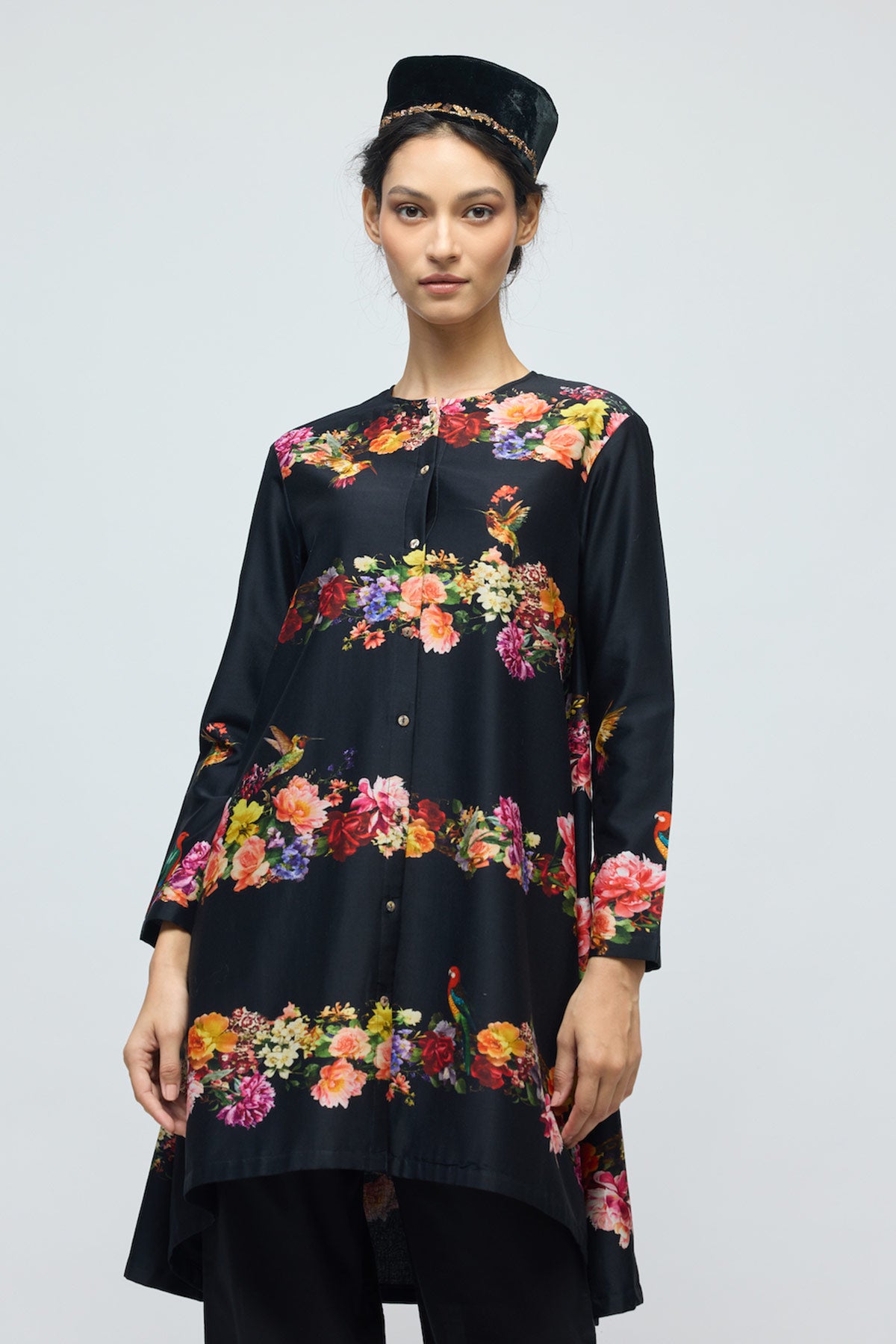 Floral printed Chanderi Tunic Set with Voile Pant