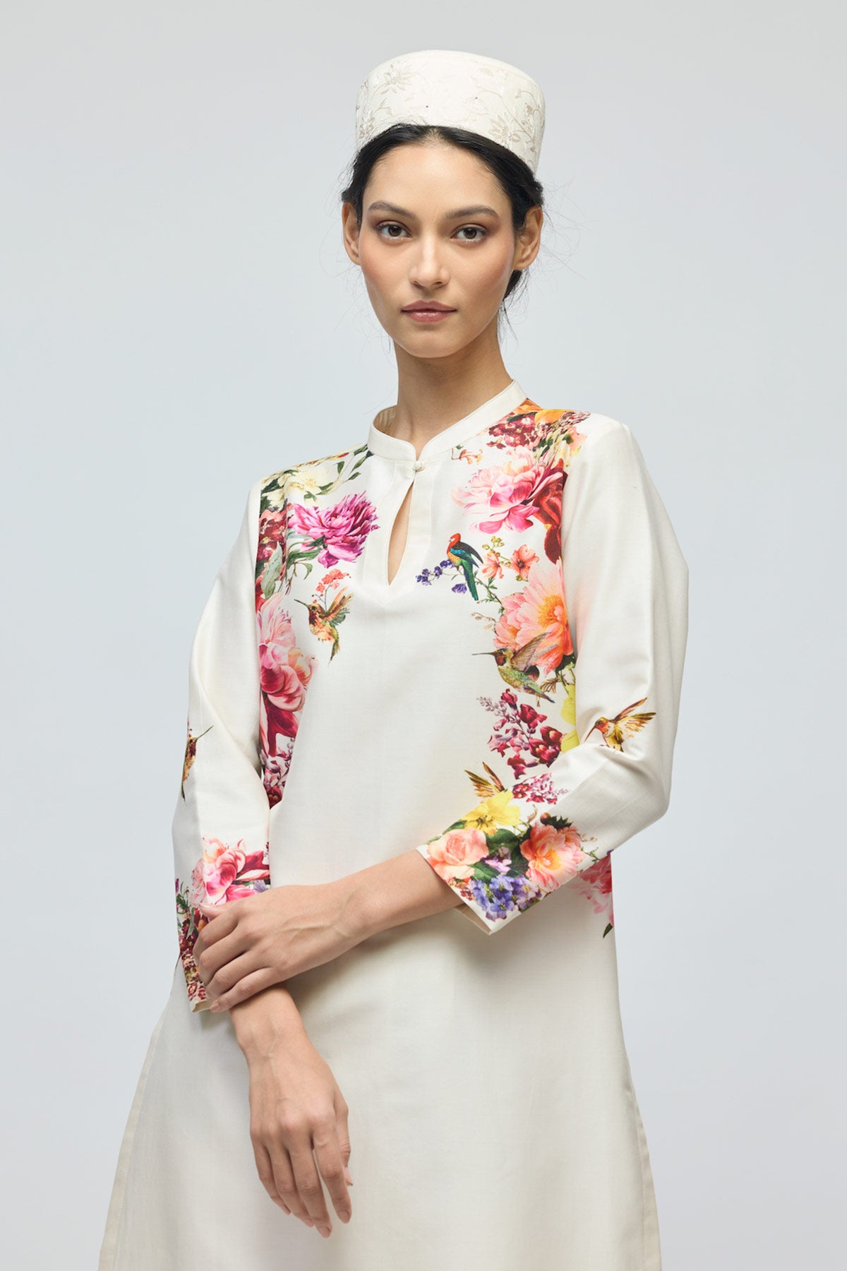 Floral printed Chanderi Tunic Set with Voile Pant