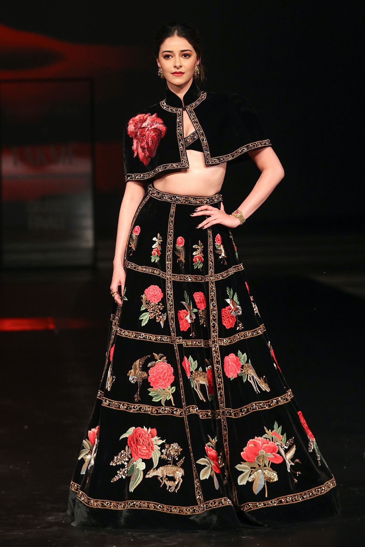 Luxurious Velvet Lehenga And Cape Set With Embroidered Bustier