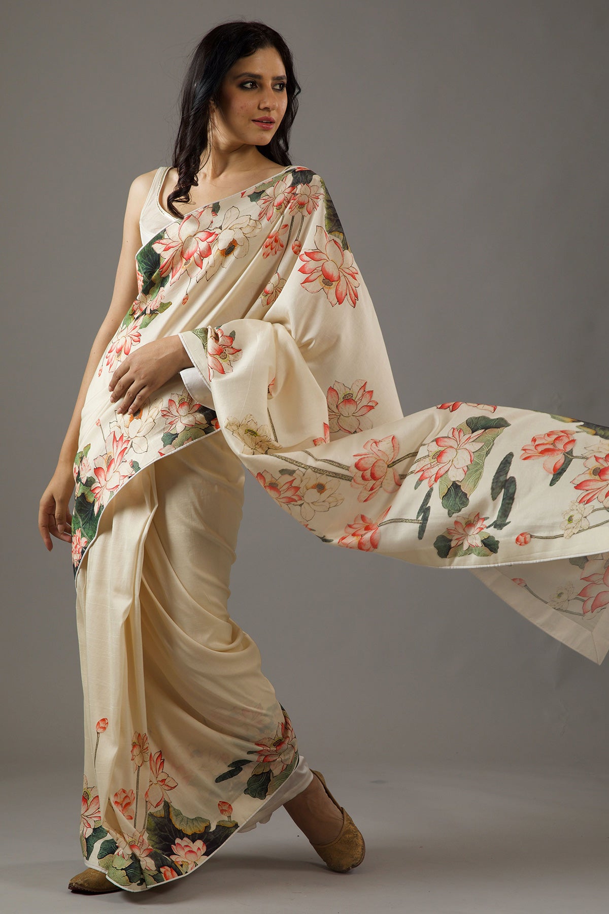 Ivory Silk Chanderi Saree With Digital Print