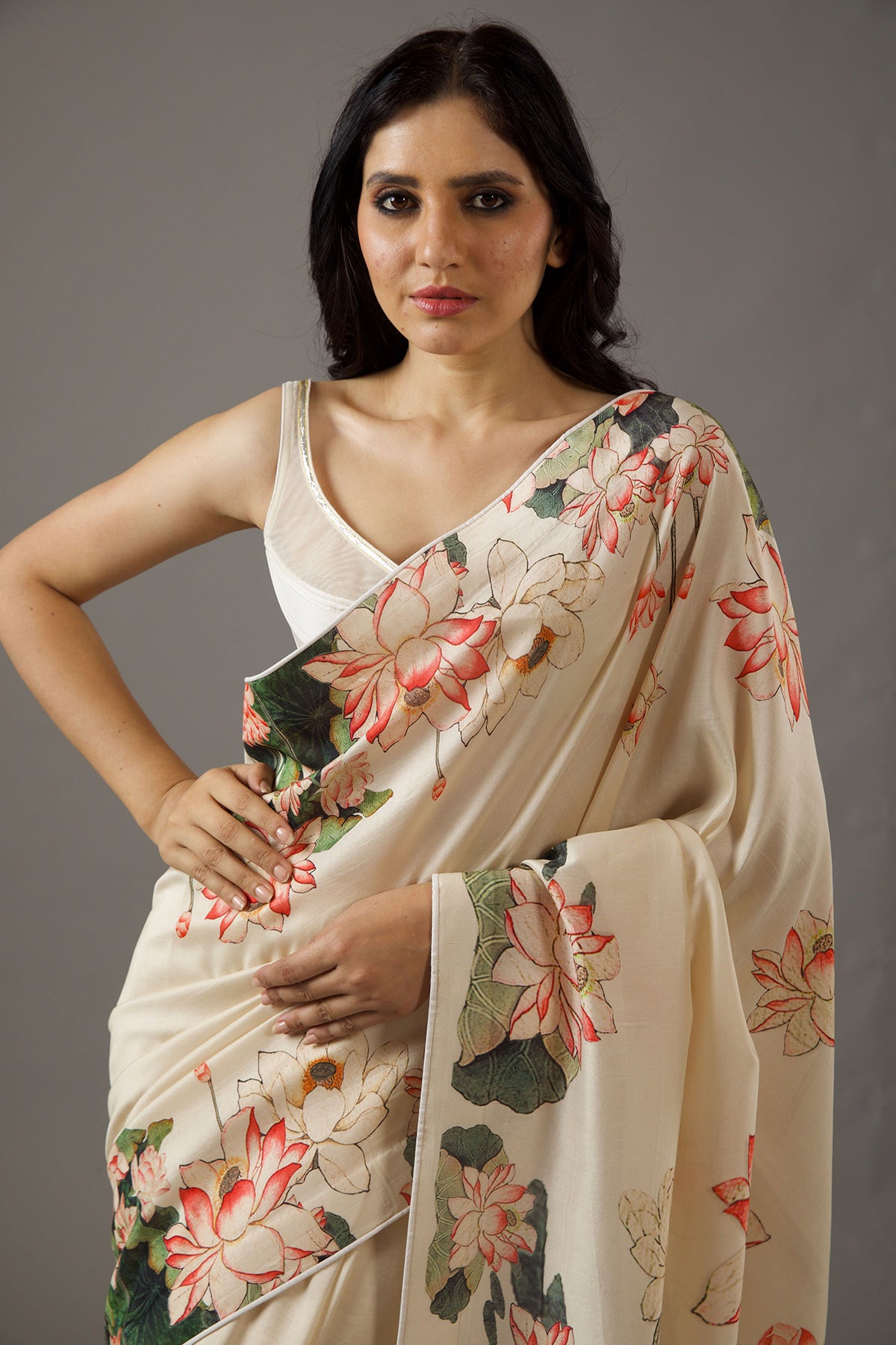 Ivory Silk Chanderi Saree With Digital Print