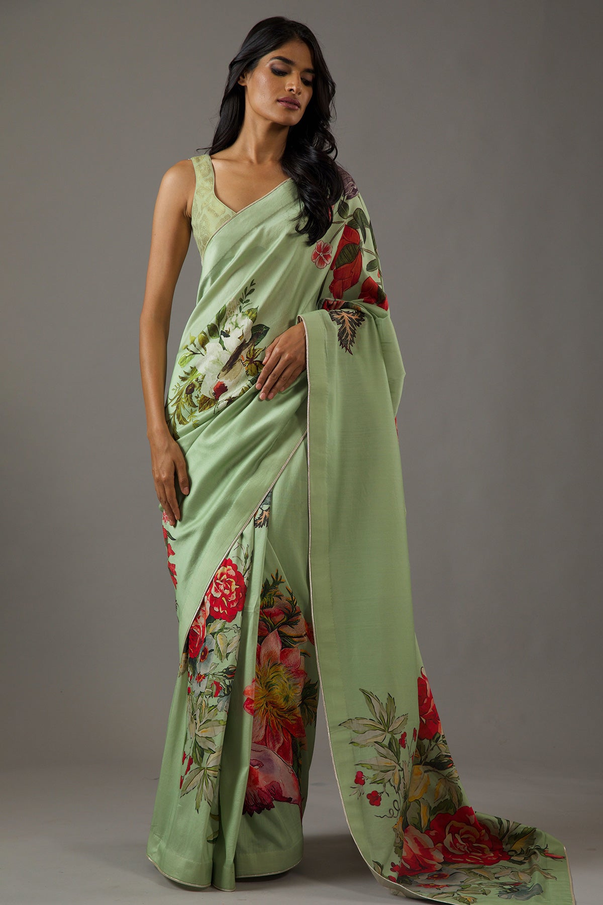 Mint Green Silk Chanderi Saree With Floral Multicolour Print