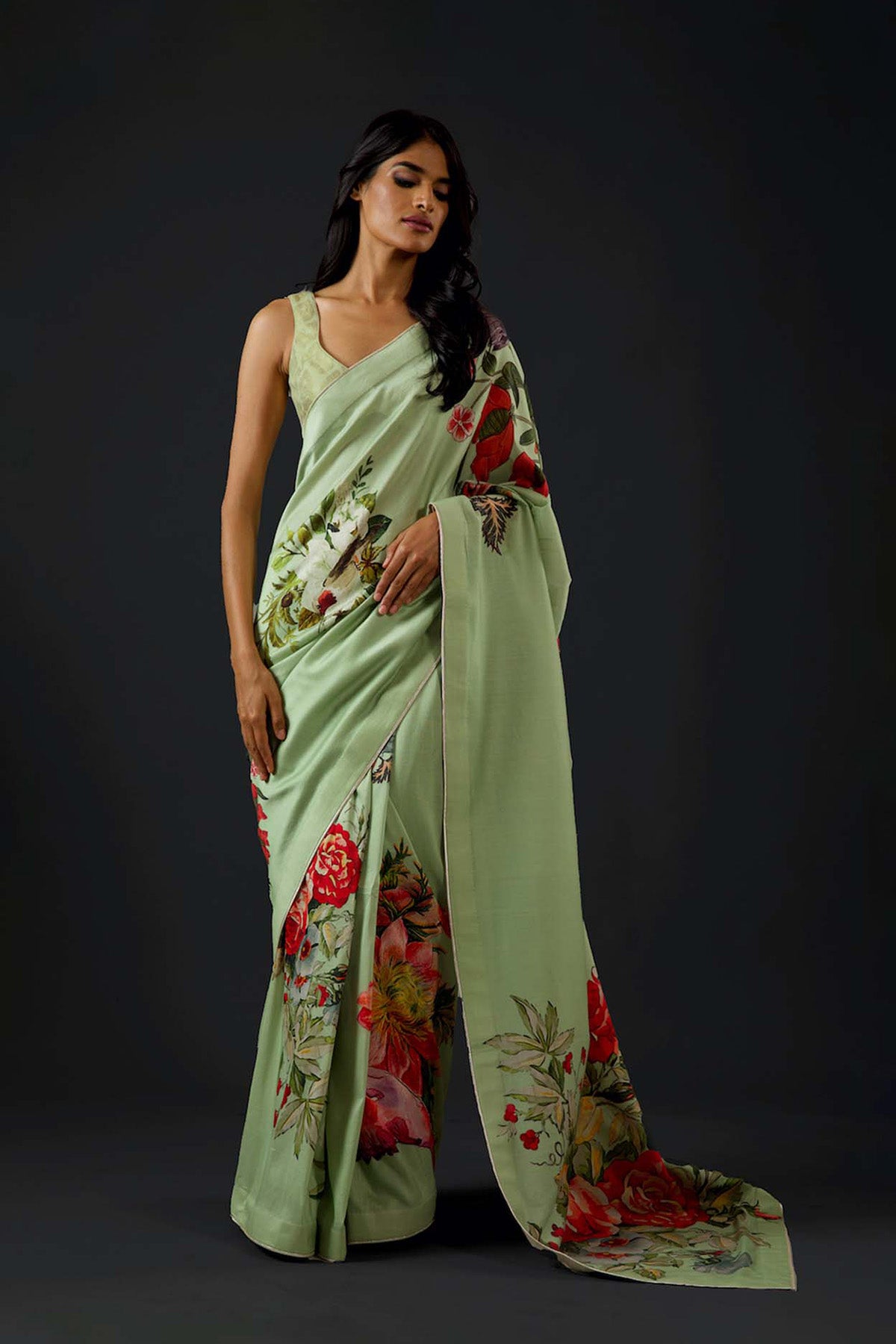 Mint Green Silk Chanderi Saree With Floral Multicolour Print