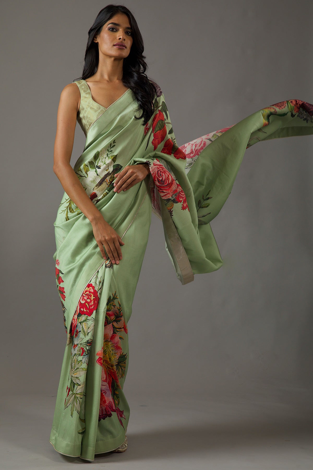 Mint Green Silk Chanderi Saree With Floral Multicolour Print