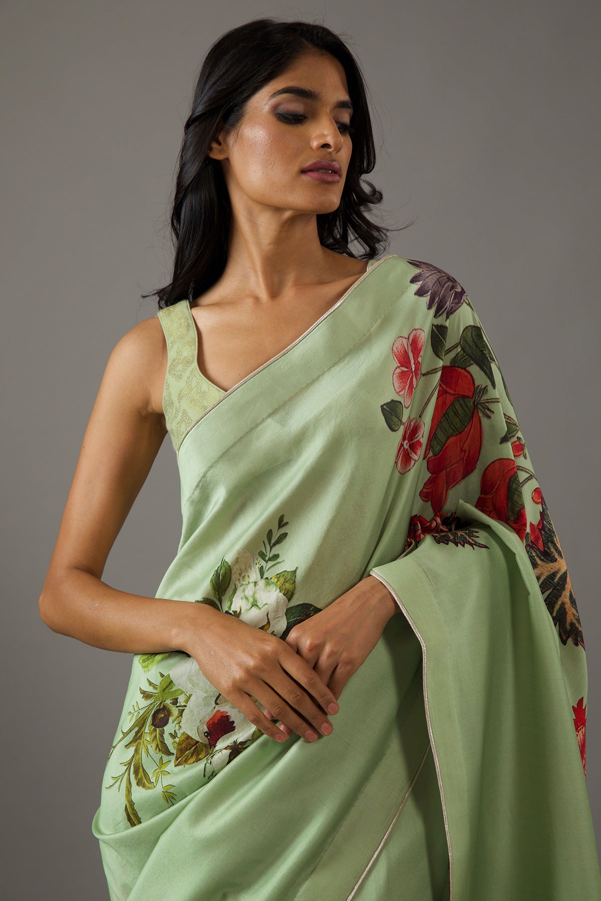 Mint Green Silk Chanderi Saree With Floral Multicolour Print