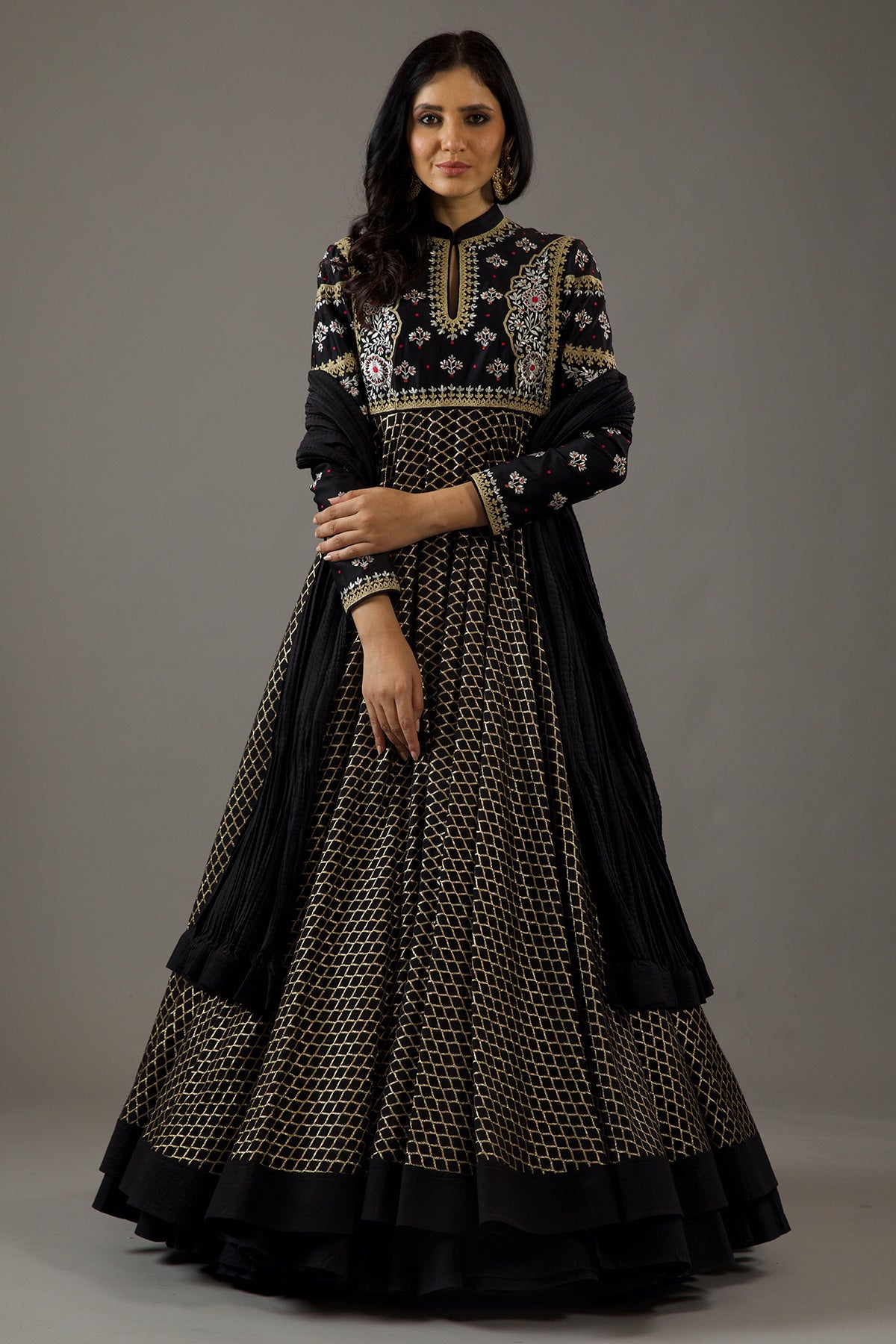 Black Chanderi Anarkali Set With Embroidery