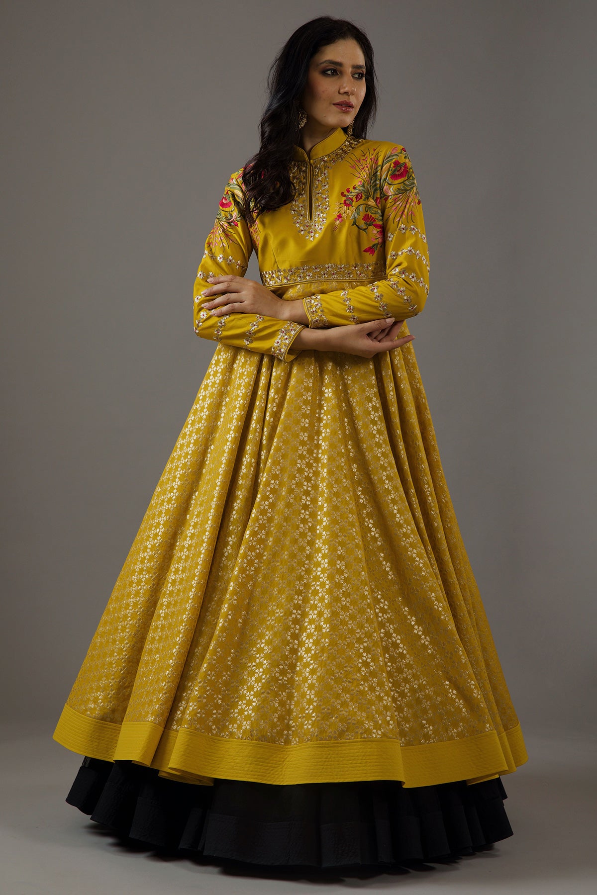 Mustard Chanderi Anarkali Set With Embroidery