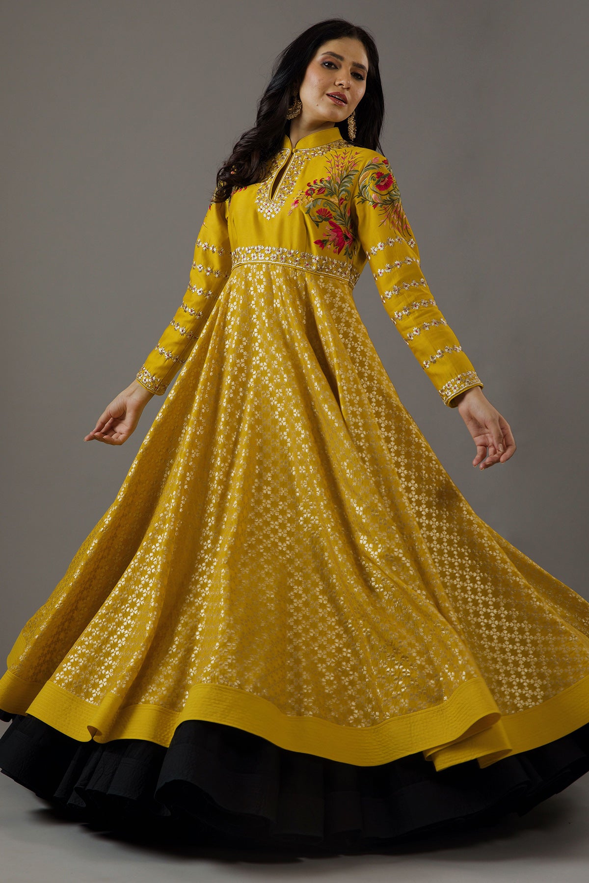 Mustard Chanderi Anarkali Set With Embroidery