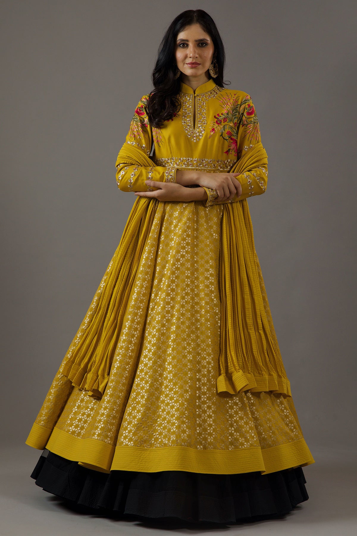 Mustard Chanderi Anarkali Set With Embroidery