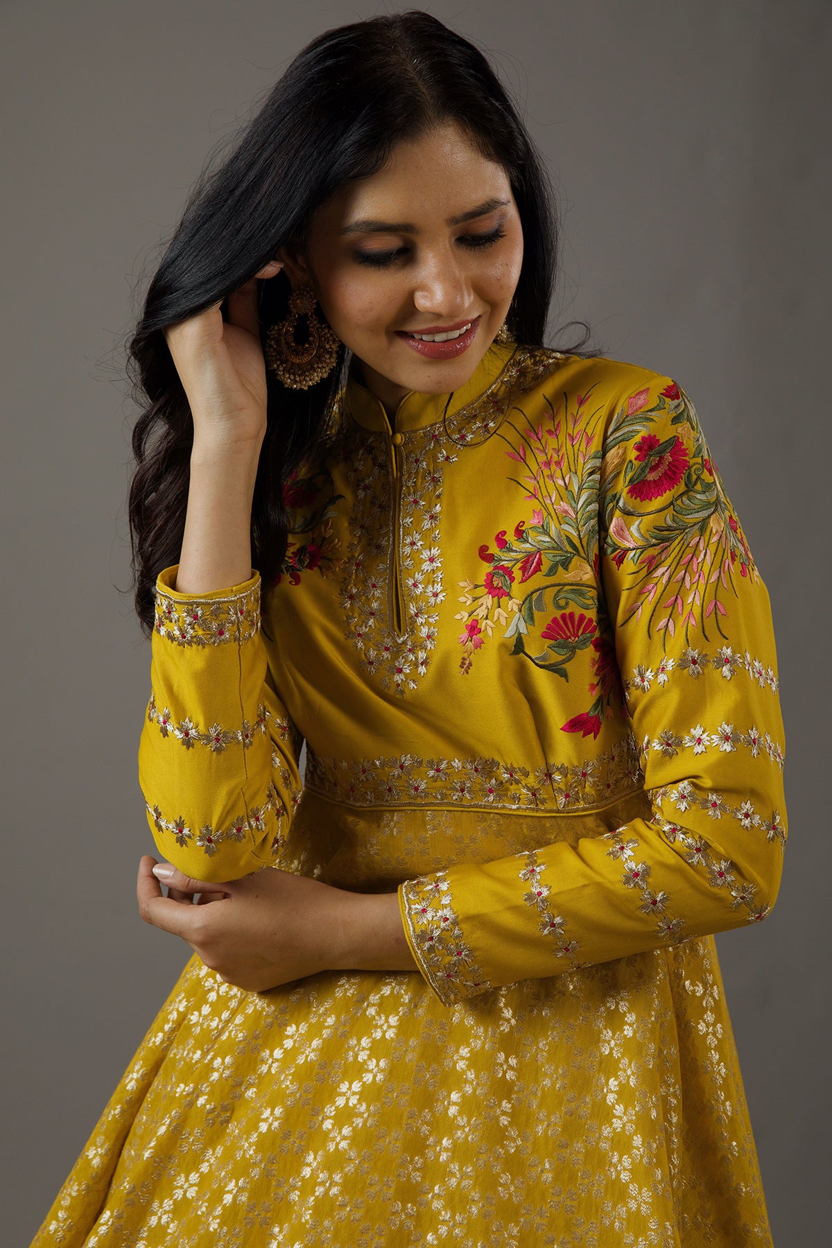 Mustard Chanderi Anarkali Set With Embroidery