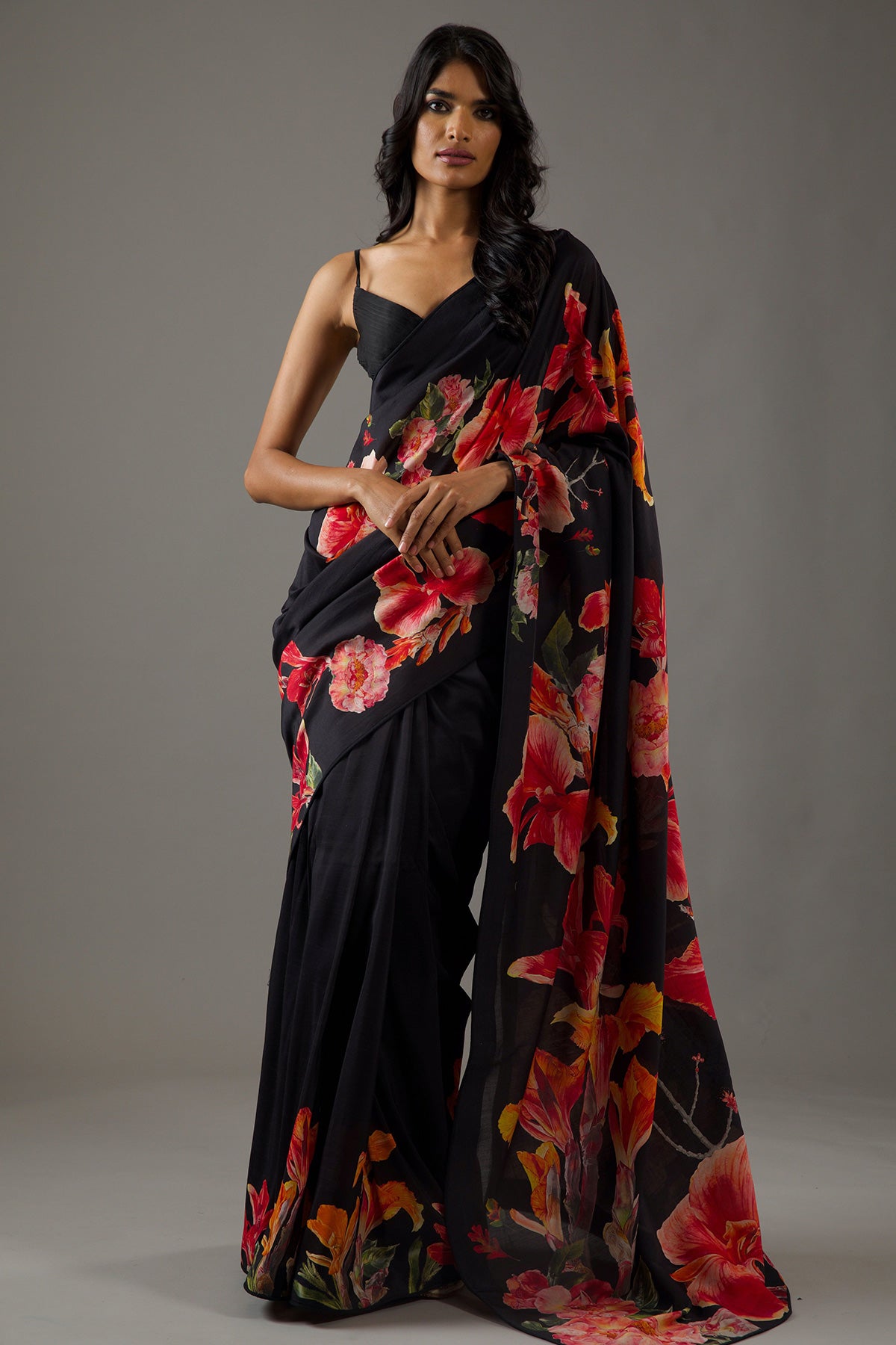 Clack Silk Chanderi Saree With Red Digital Print