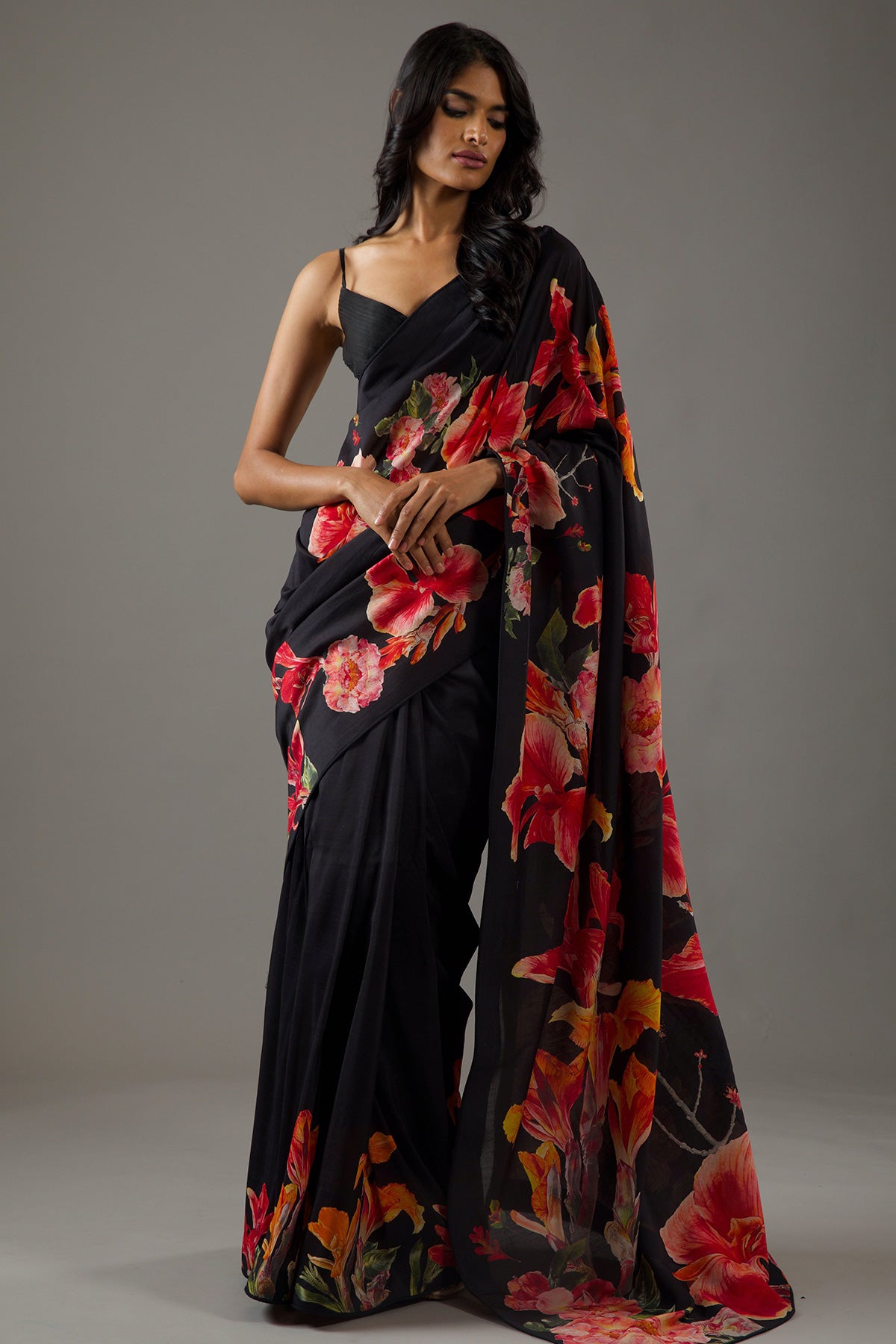 Clack Silk Chanderi Saree With Red Digital Print