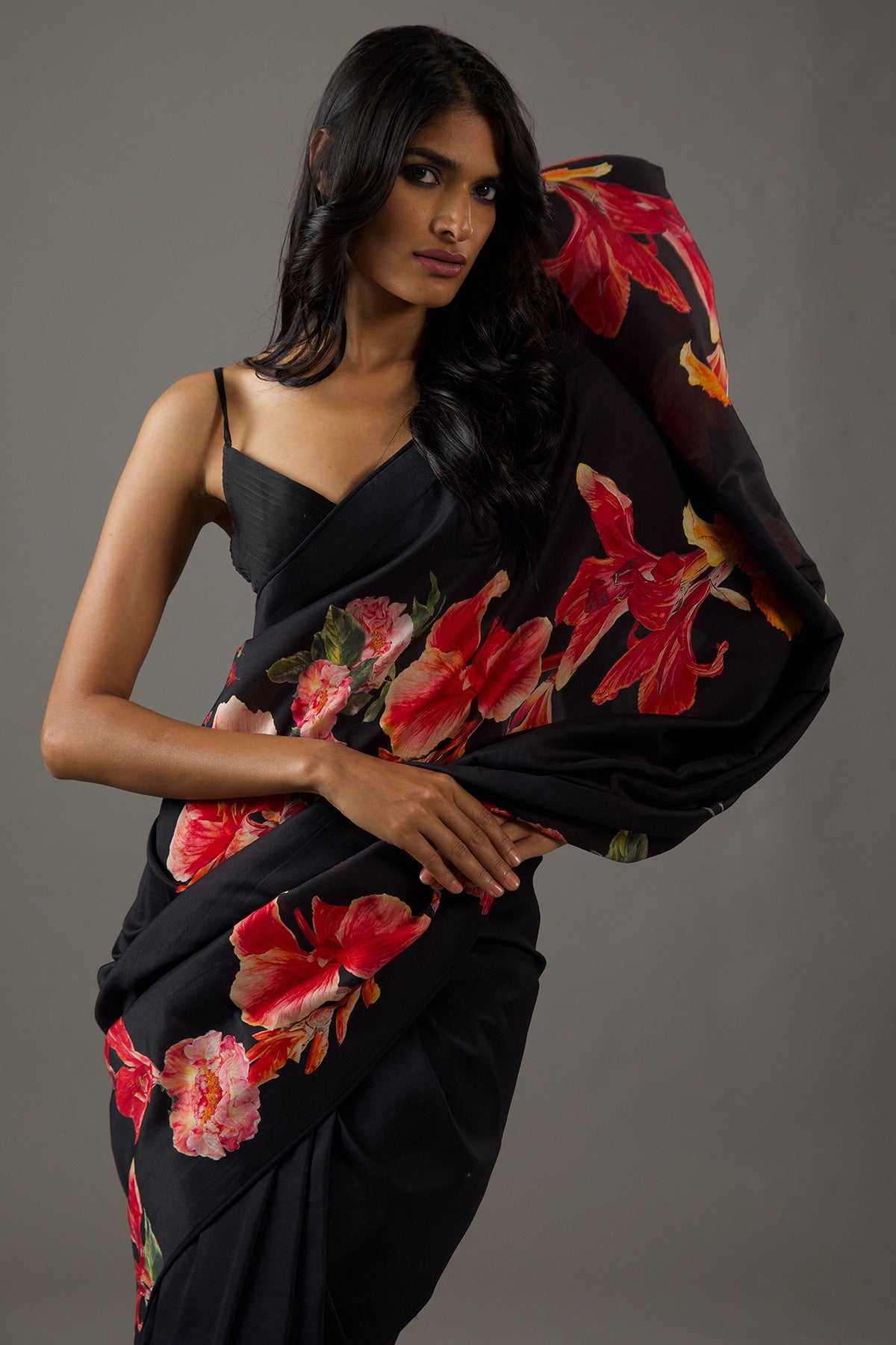 Clack Silk Chanderi Saree With Red Digital Print