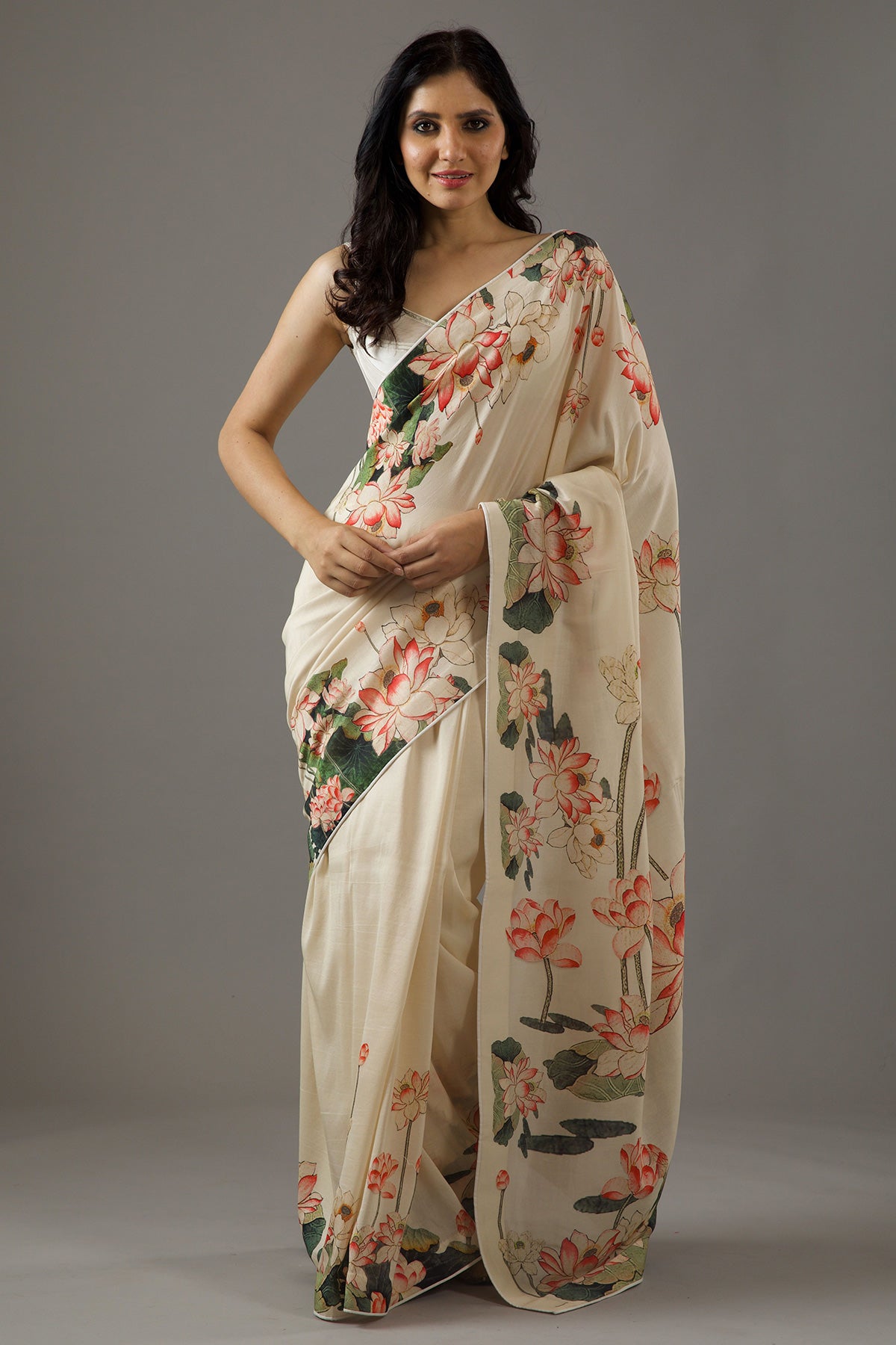 Ivory Silk Chanderi Saree With Digital Print