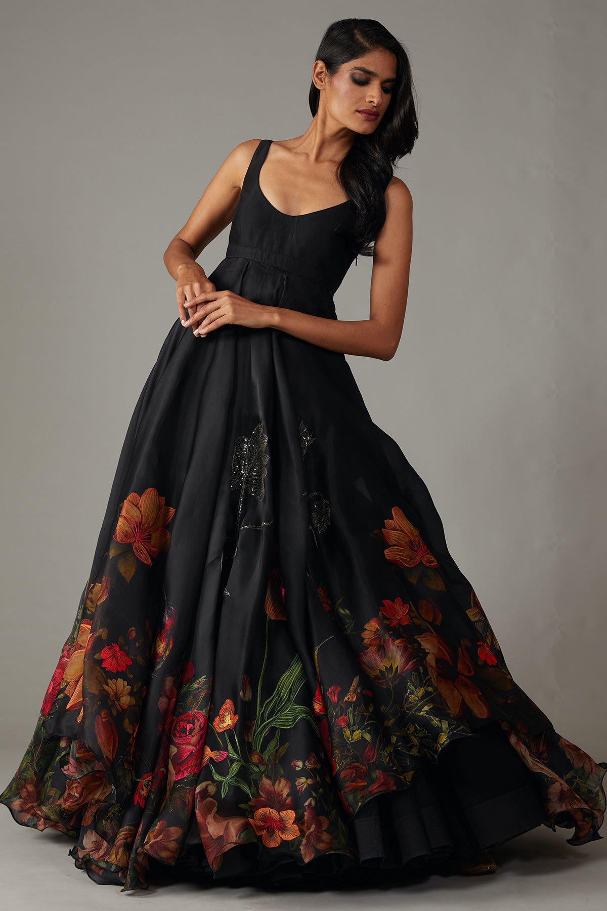 Black Anarkali Set With Multicolour Print