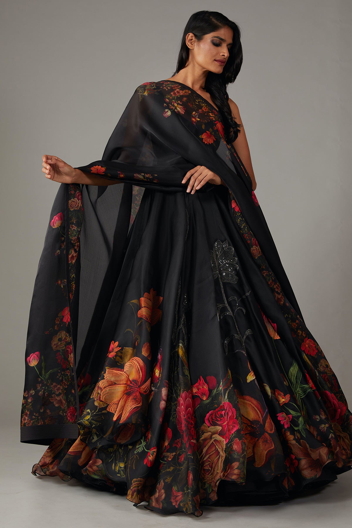 Black Anarkali Set With Multicolour Print