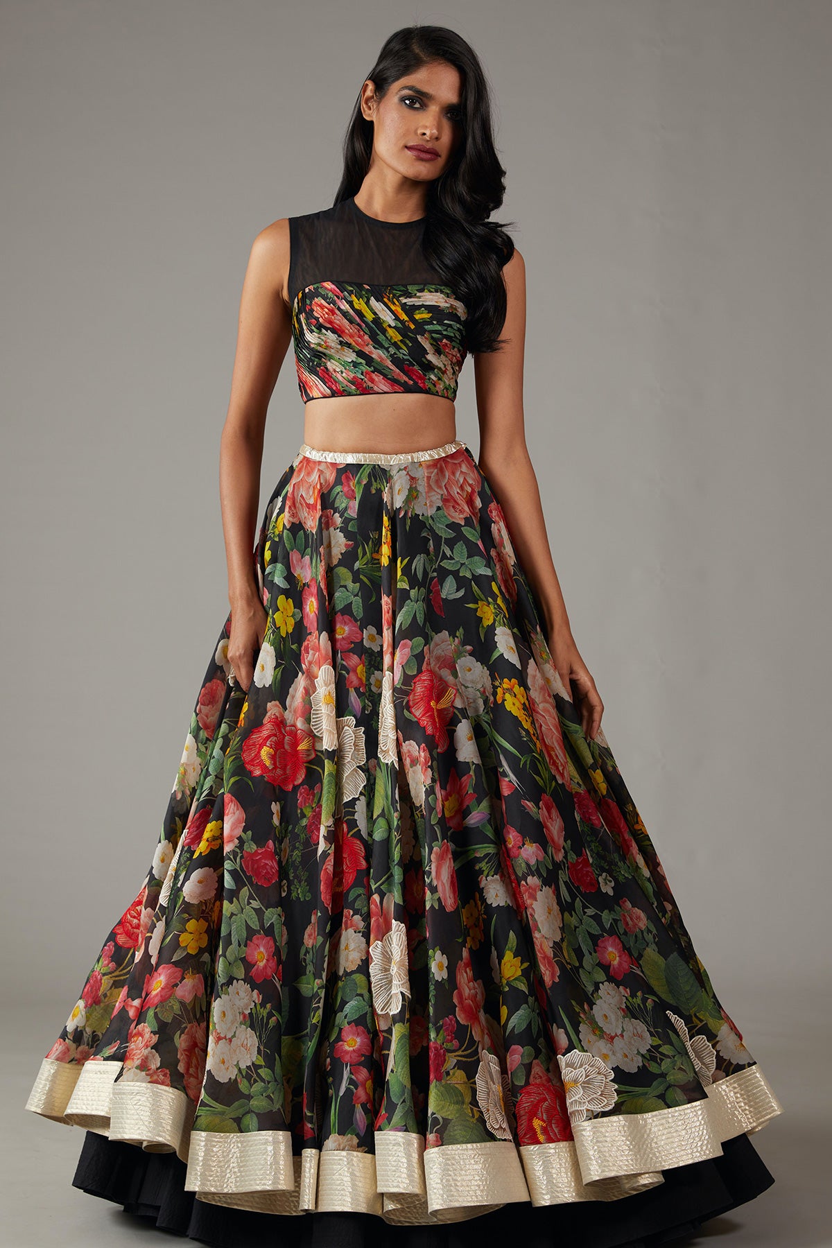 Printed Black Organza Lehenga Set