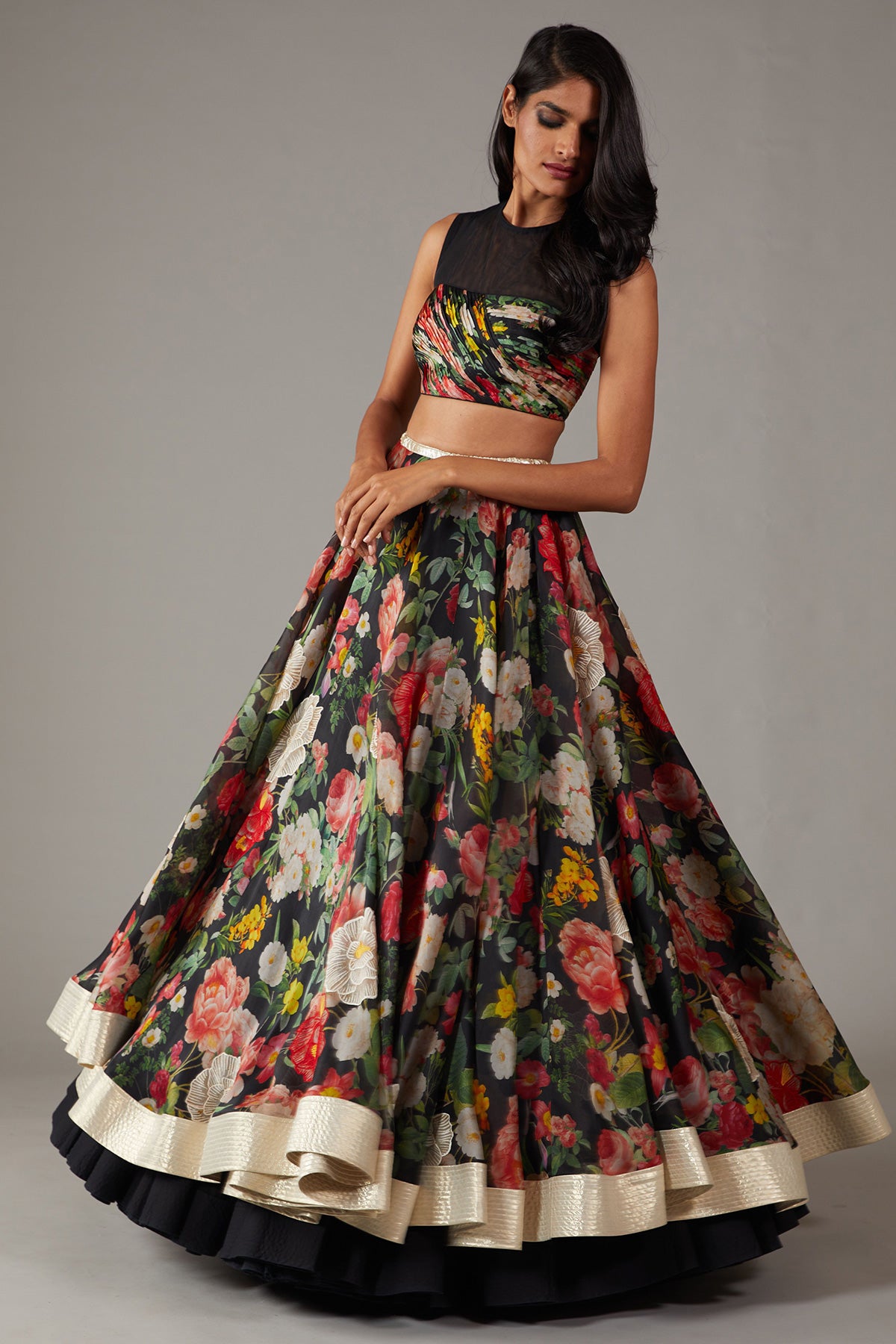 Printed Black Organza Lehenga Set