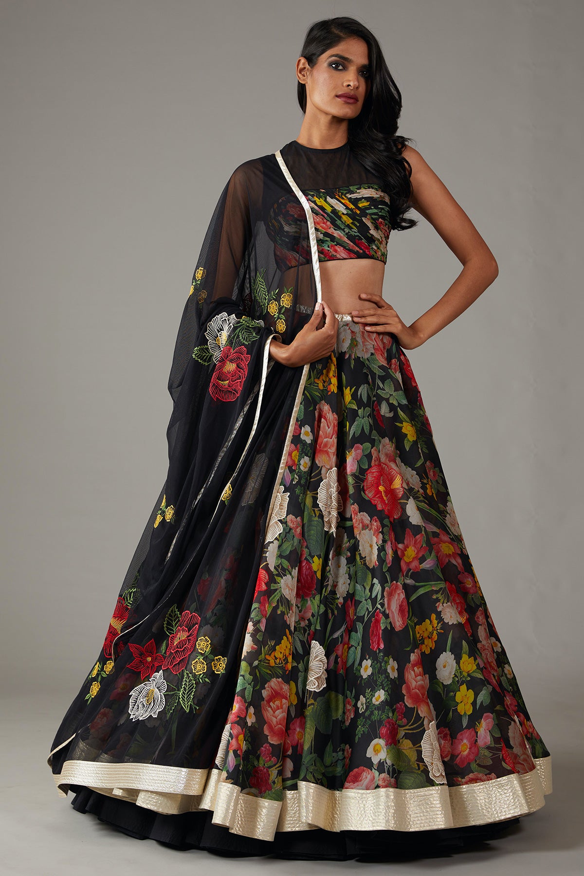 Printed Black Organza Lehenga Set