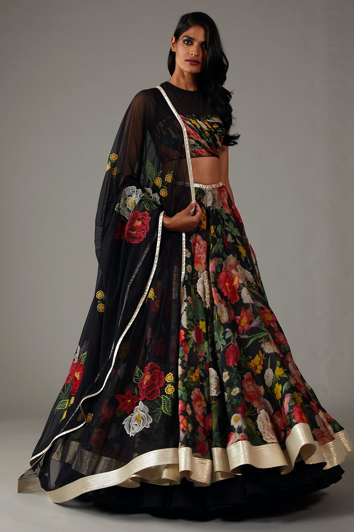 Printed Black Organza Lehenga Set