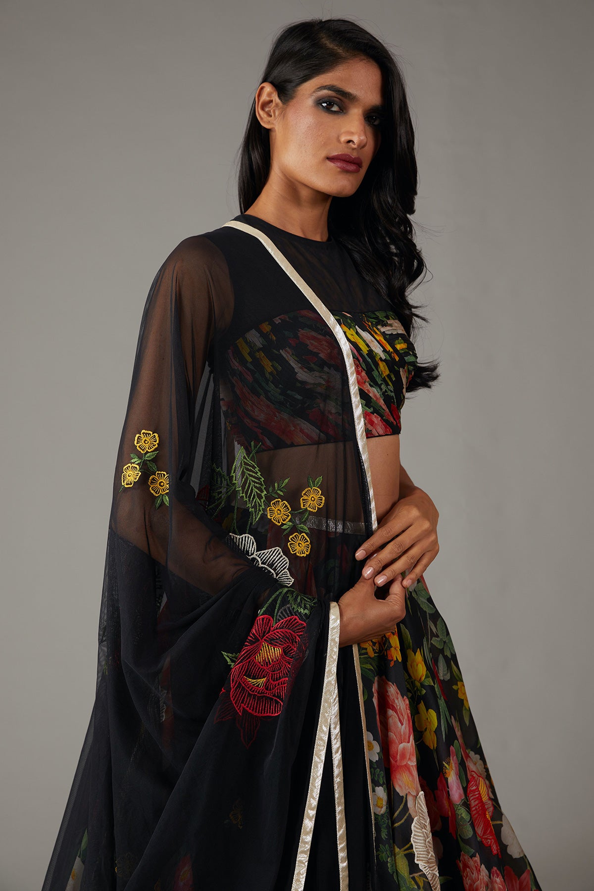 Printed Black Organza Lehenga Set