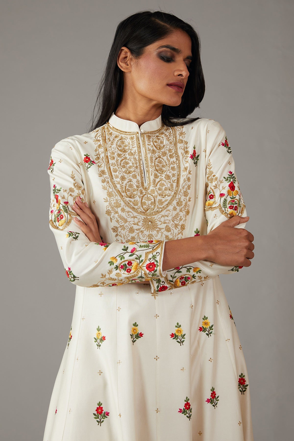 Ivory Chanderi Embroidered A-Line Kurta Set