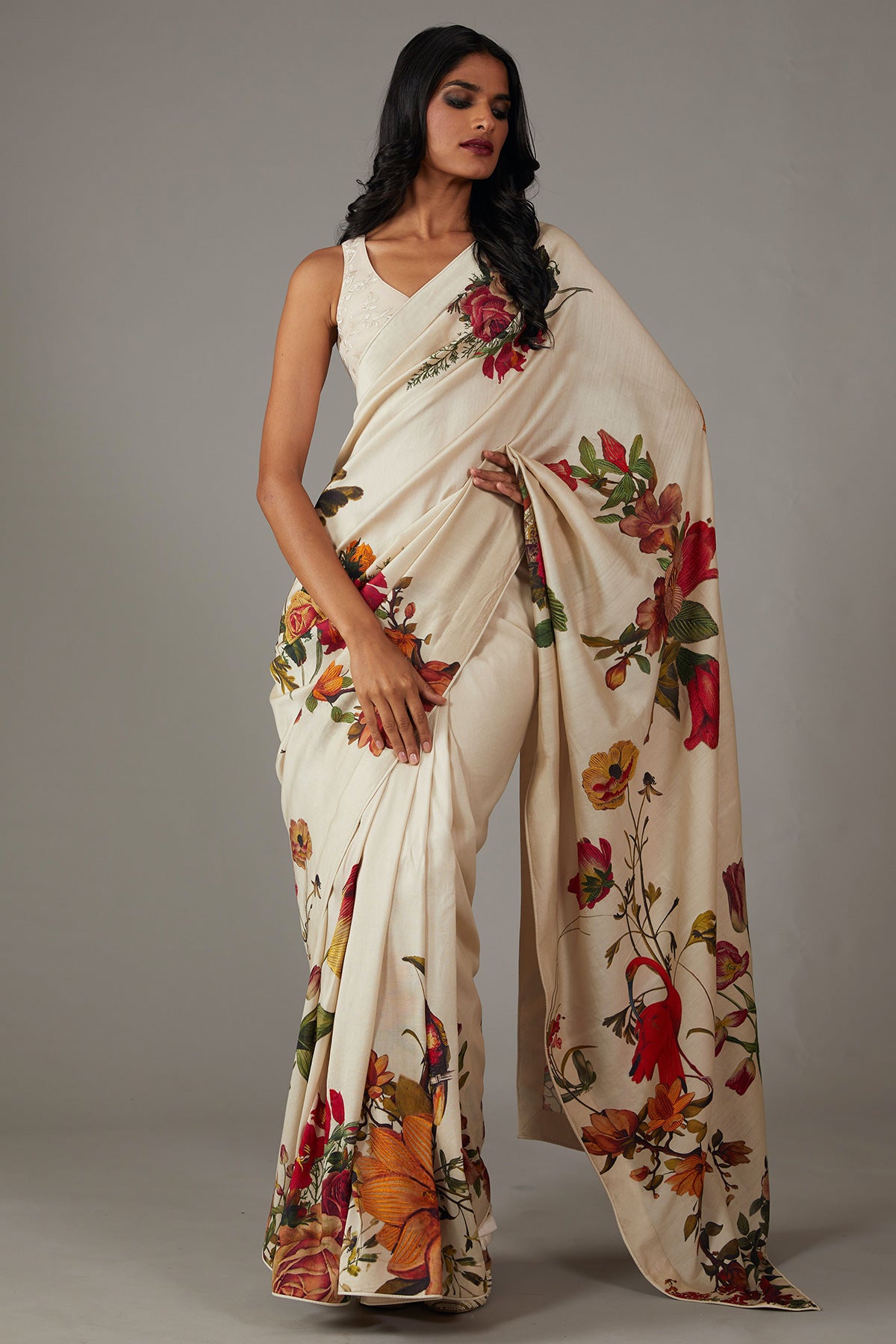 Chanderi Silk Saree With Multicolour Floral Embroidery