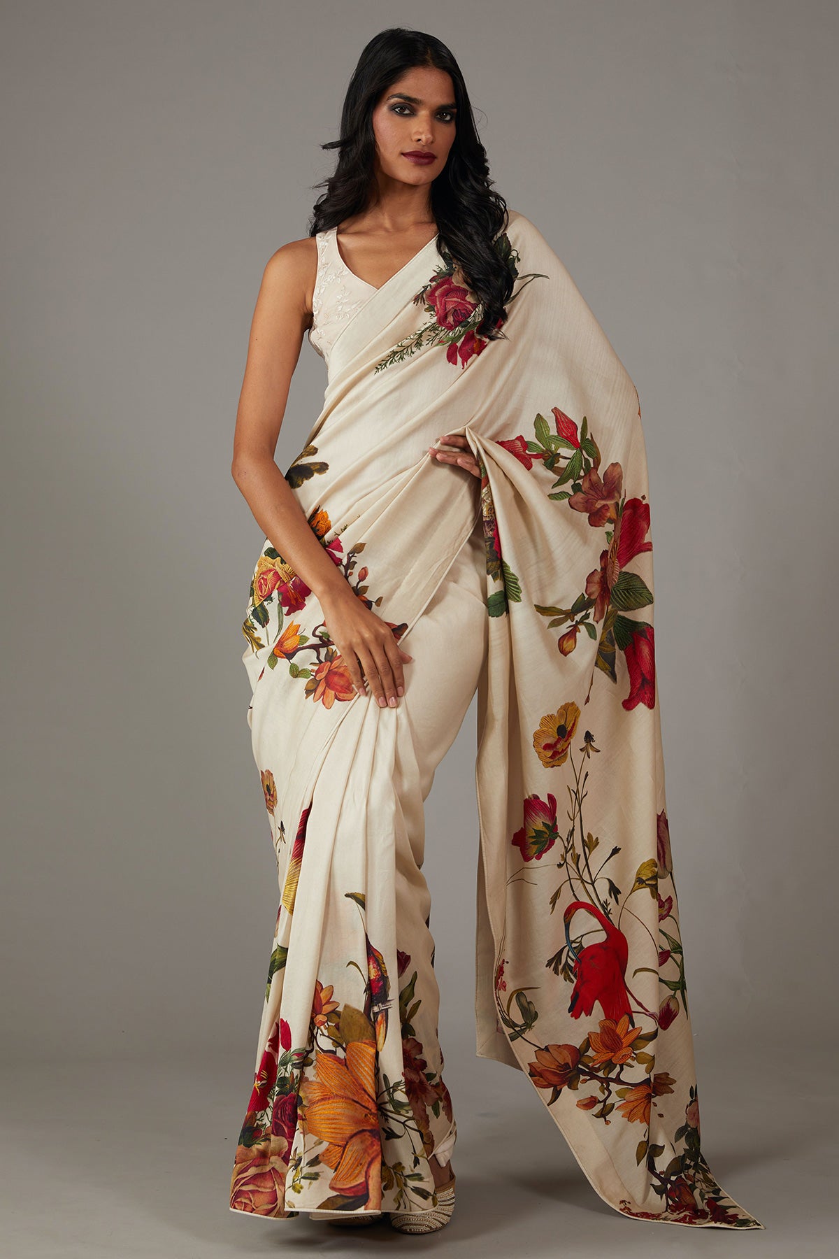 Chanderi Silk Saree With Multicolour Floral Embroidery