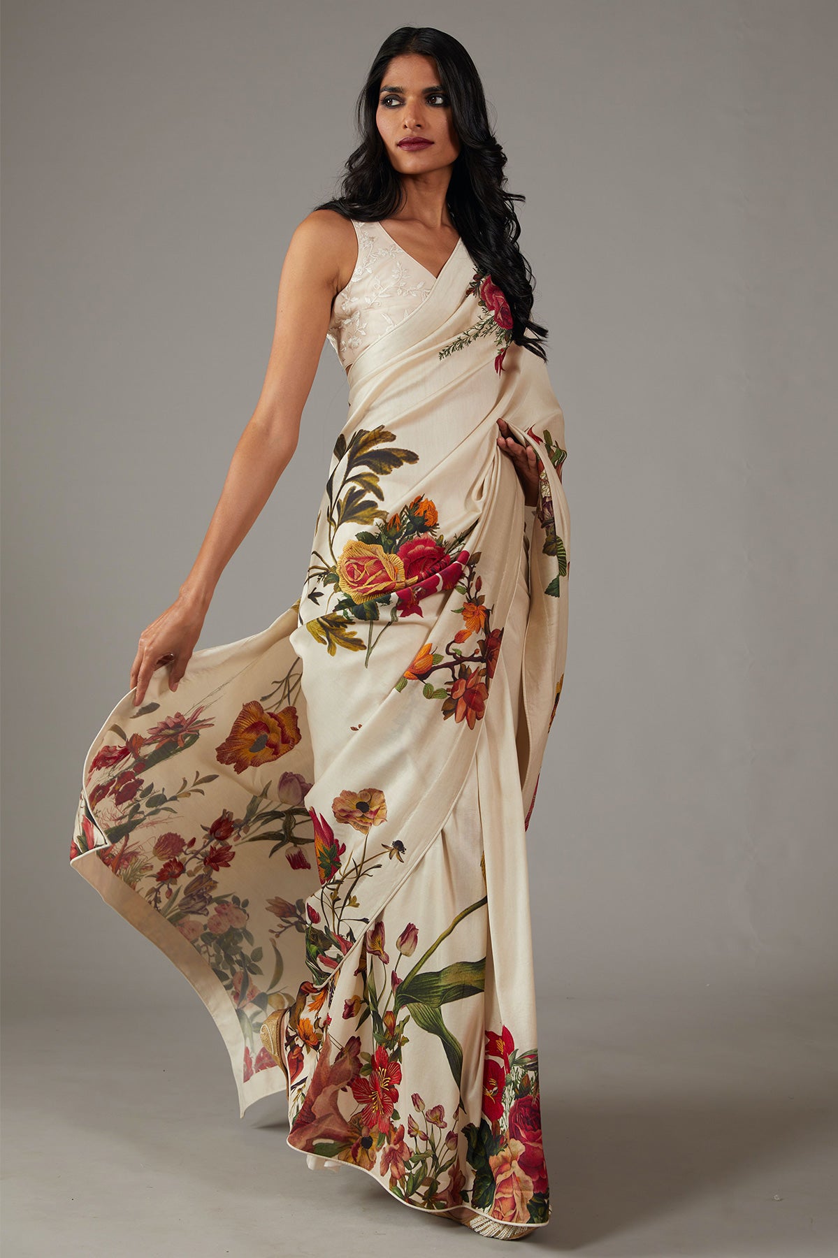 Chanderi Silk Saree With Multicolour Floral Embroidery