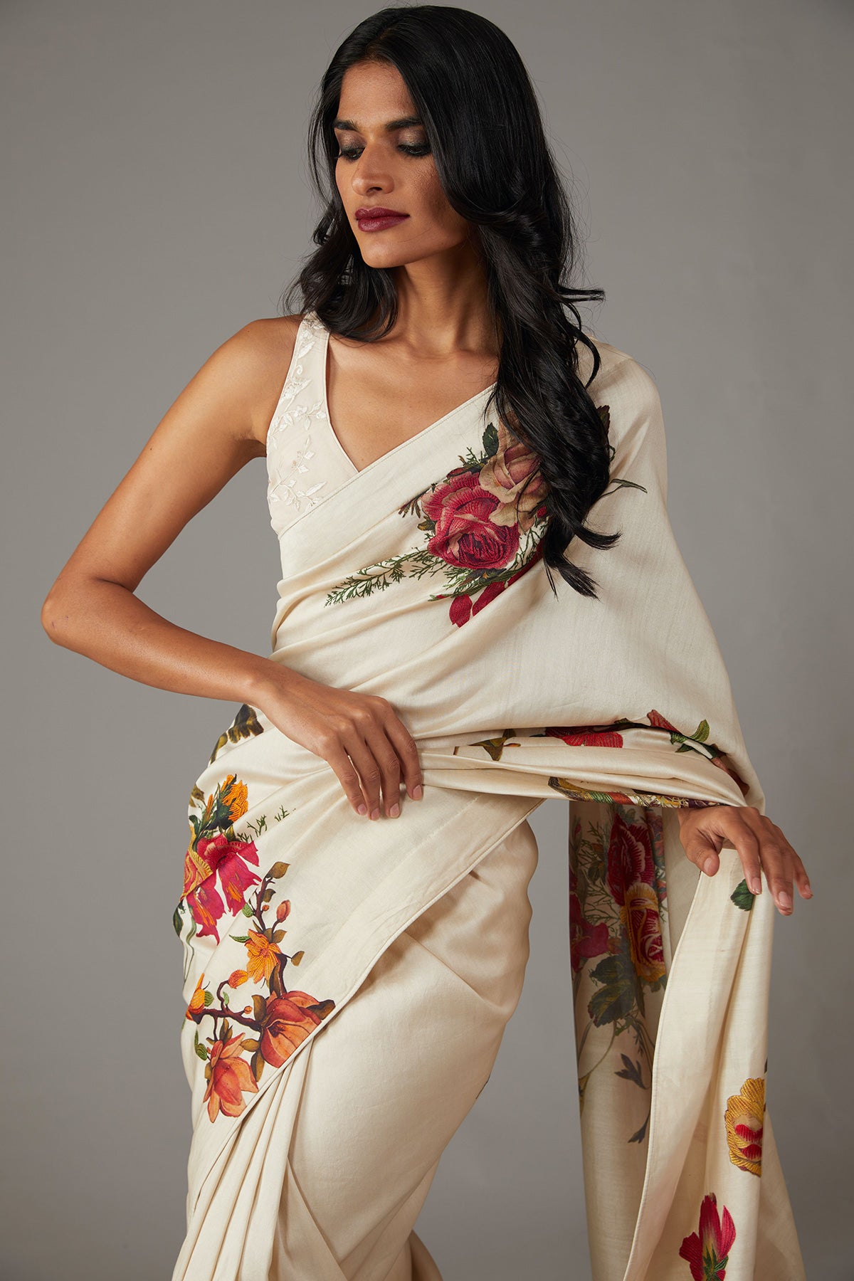 Chanderi Silk Saree With Multicolour Floral Embroidery