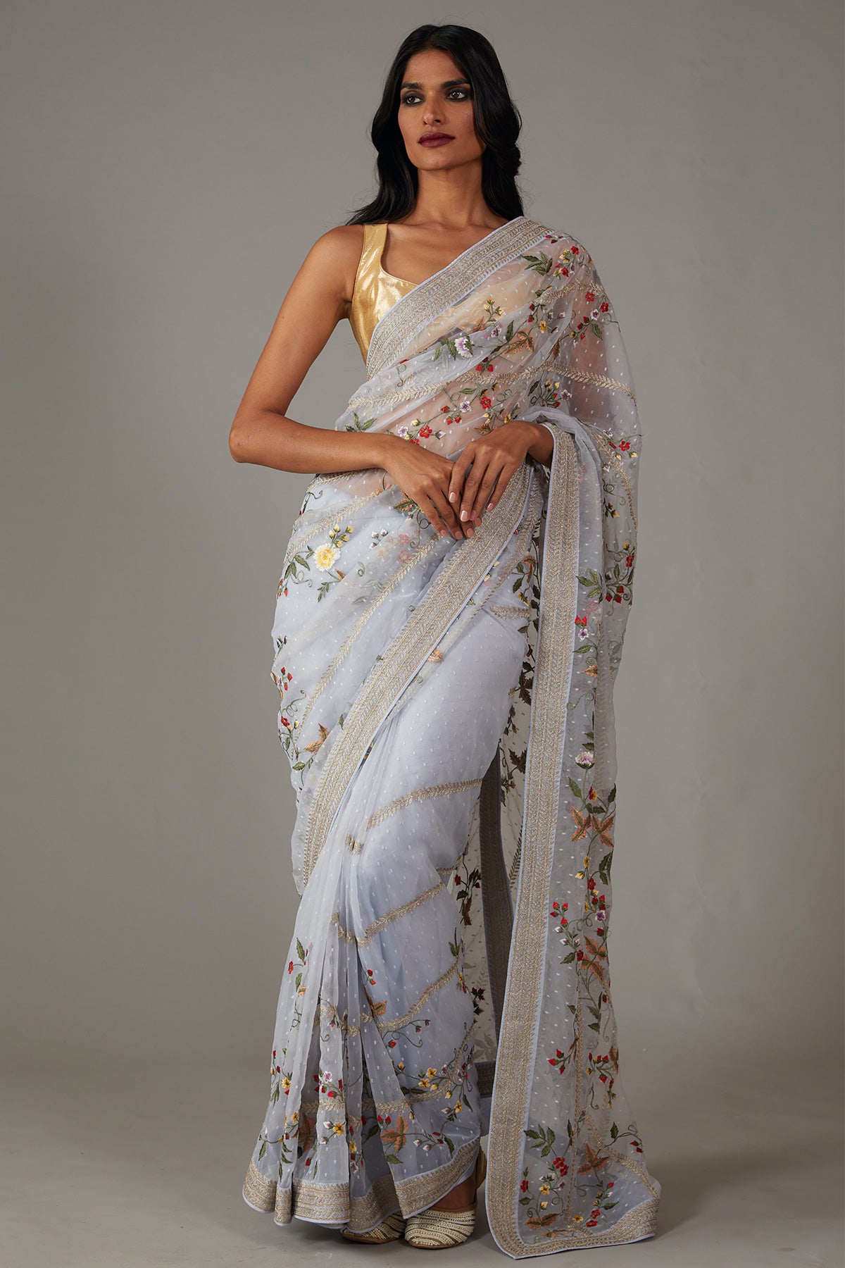 Powder Blue Organza Saree With Embroidery Work