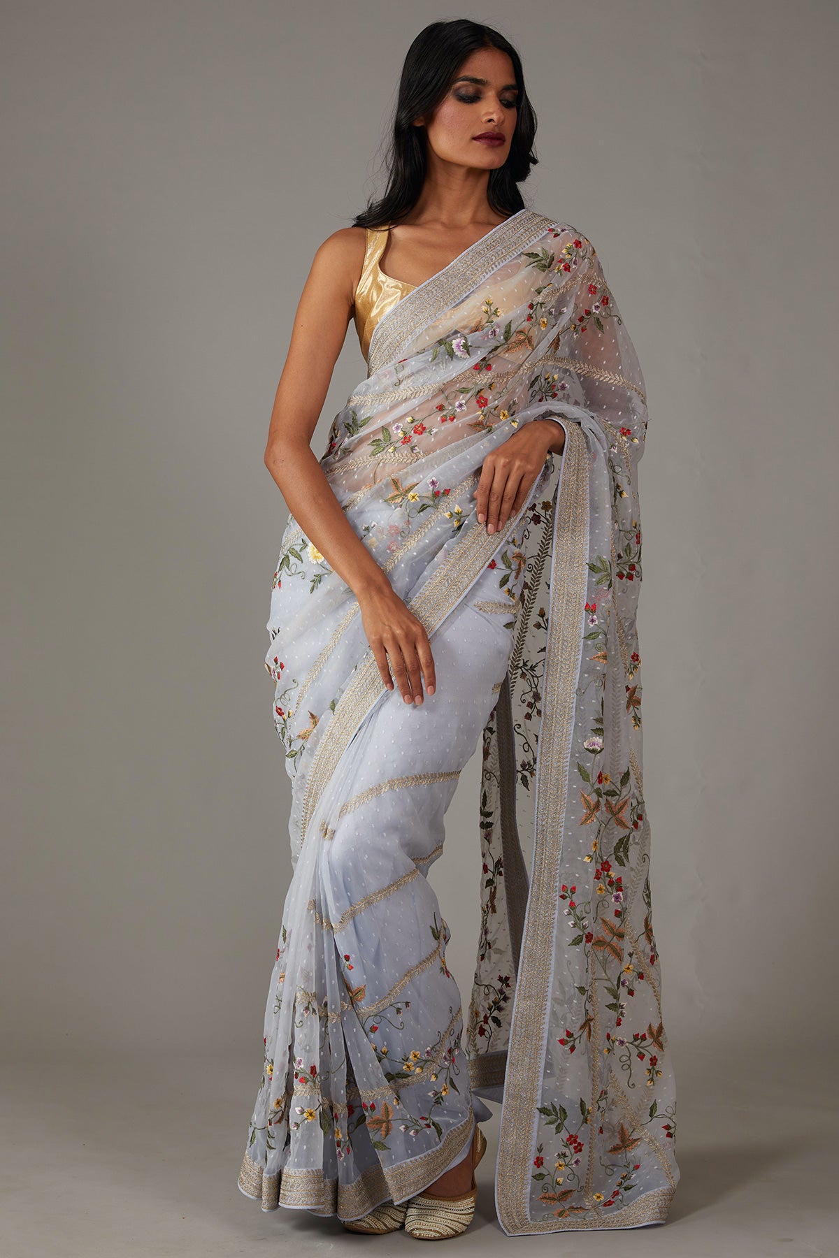 Powder Blue Organza Saree With Embroidery Work